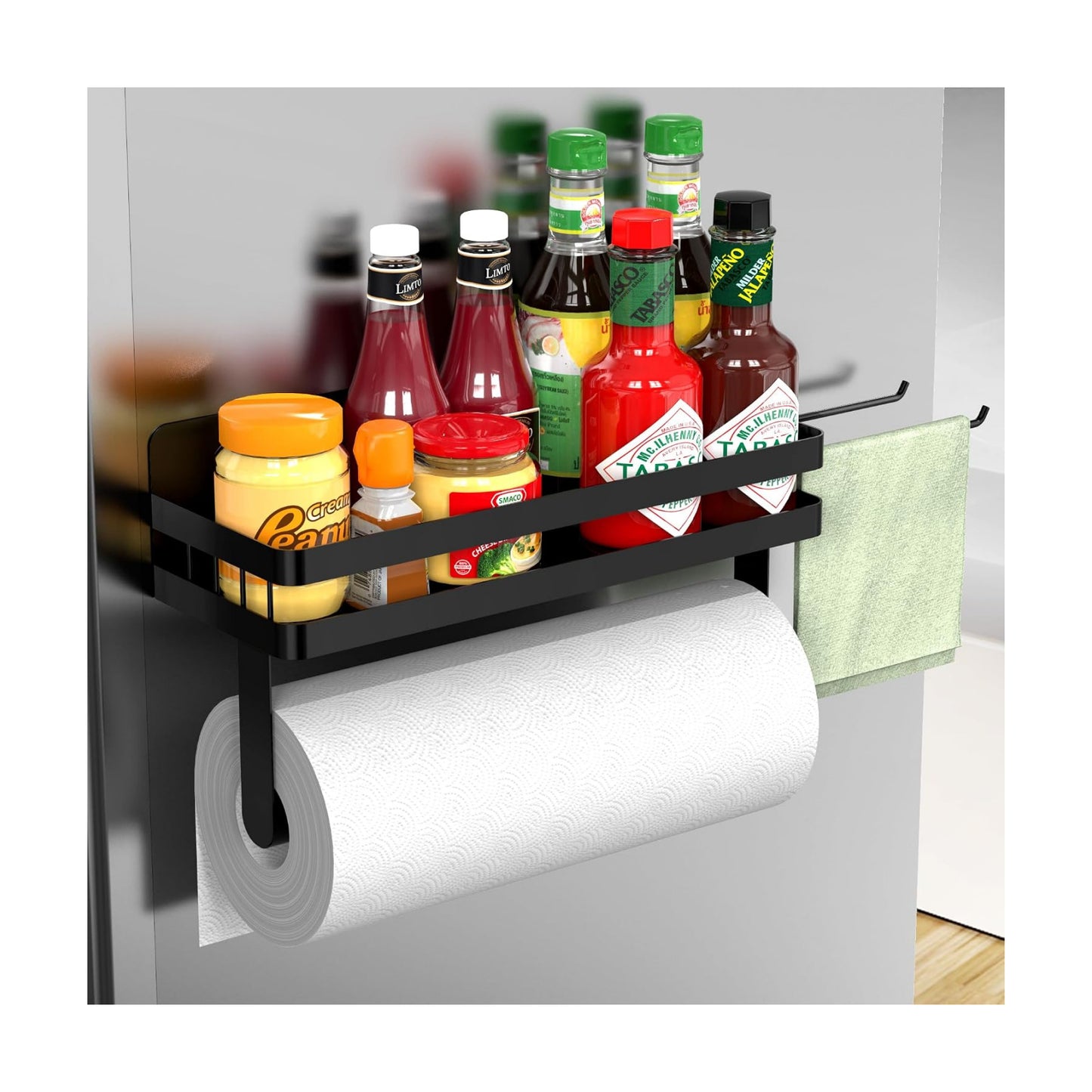 ZUNTO Magnetic Paper Towel Holder for Fridge, Strong Magnet, No Drill | Black Kitchen Organizer with Spice Shelf and 2