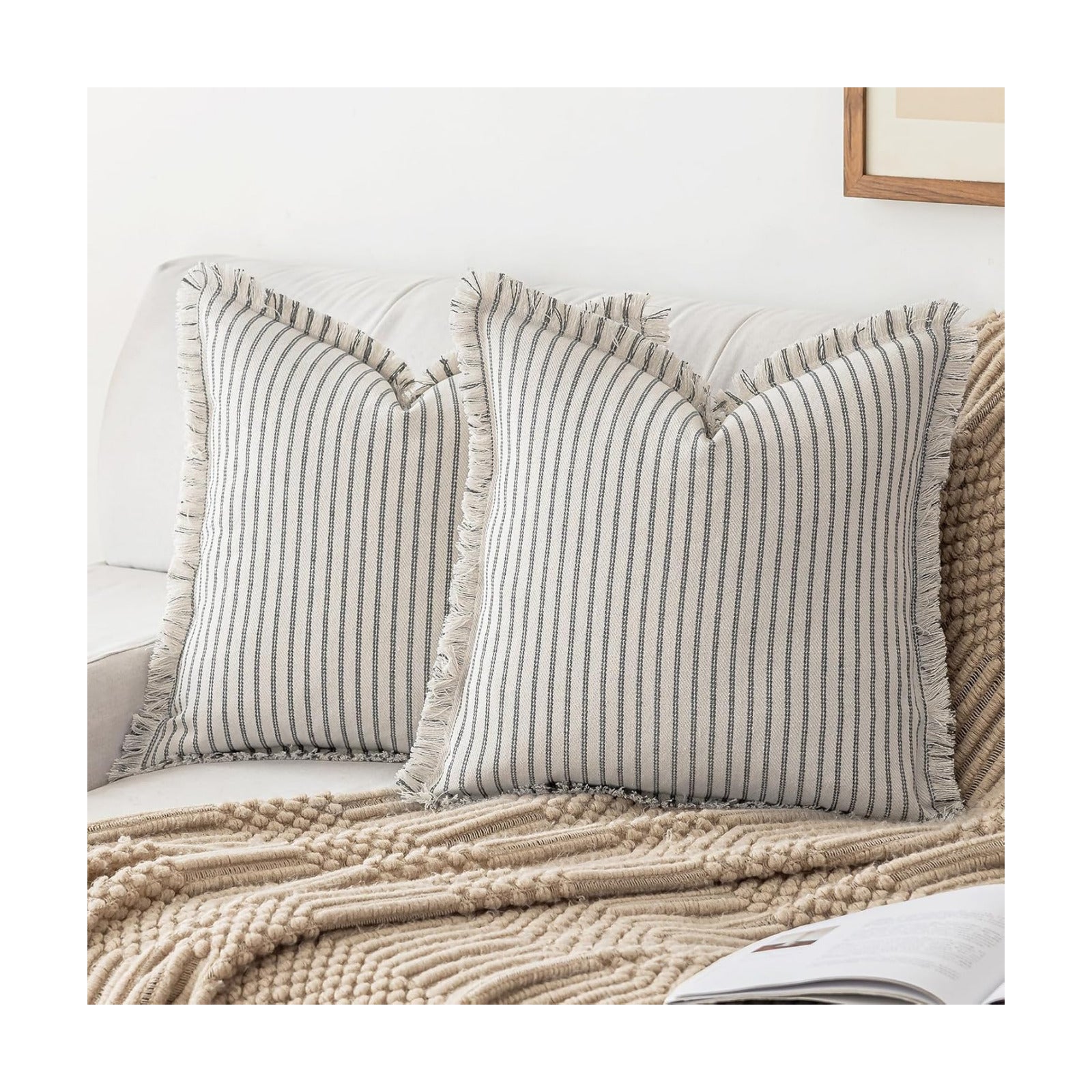 Throw Pillow Covers Striped Fringe Pillow Cover Farmhouse Cushion Covers / Grey / 18 x 18 / Set of 2
