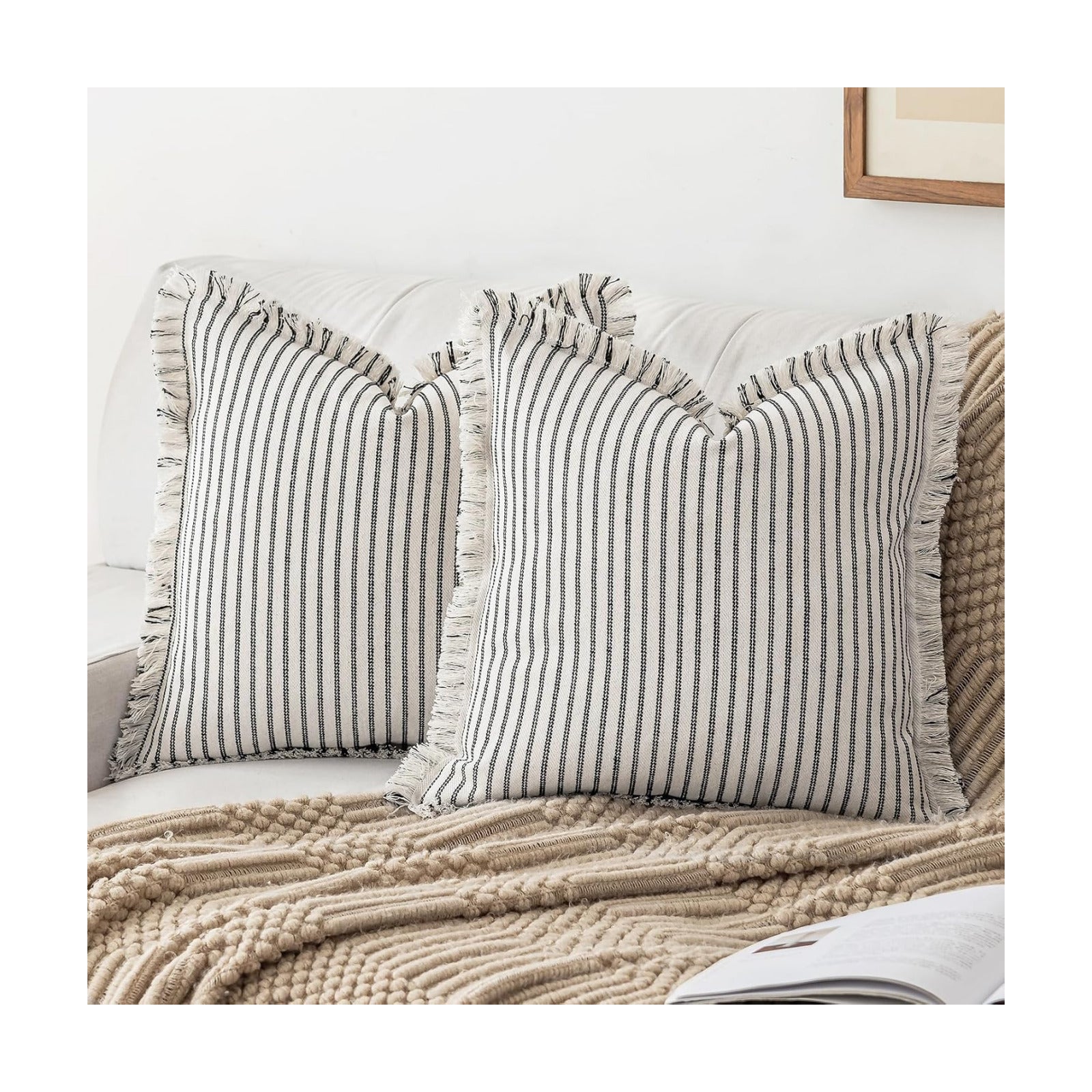Throw Pillow Covers Striped Fringe Pillow Cover Farmhouse Cushion / Black / 20 x 20 / Set of 2