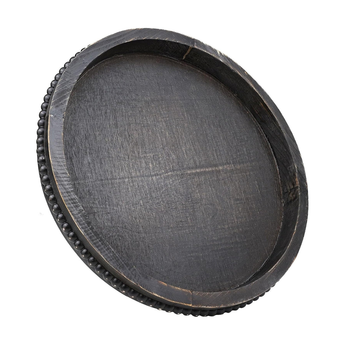 Hrastany Round Wooden Serving Tray with Beads, Circle Vintage Black Wood Coffe Table Tray for Dining Room Table Centerpiece, Kitchen Counter