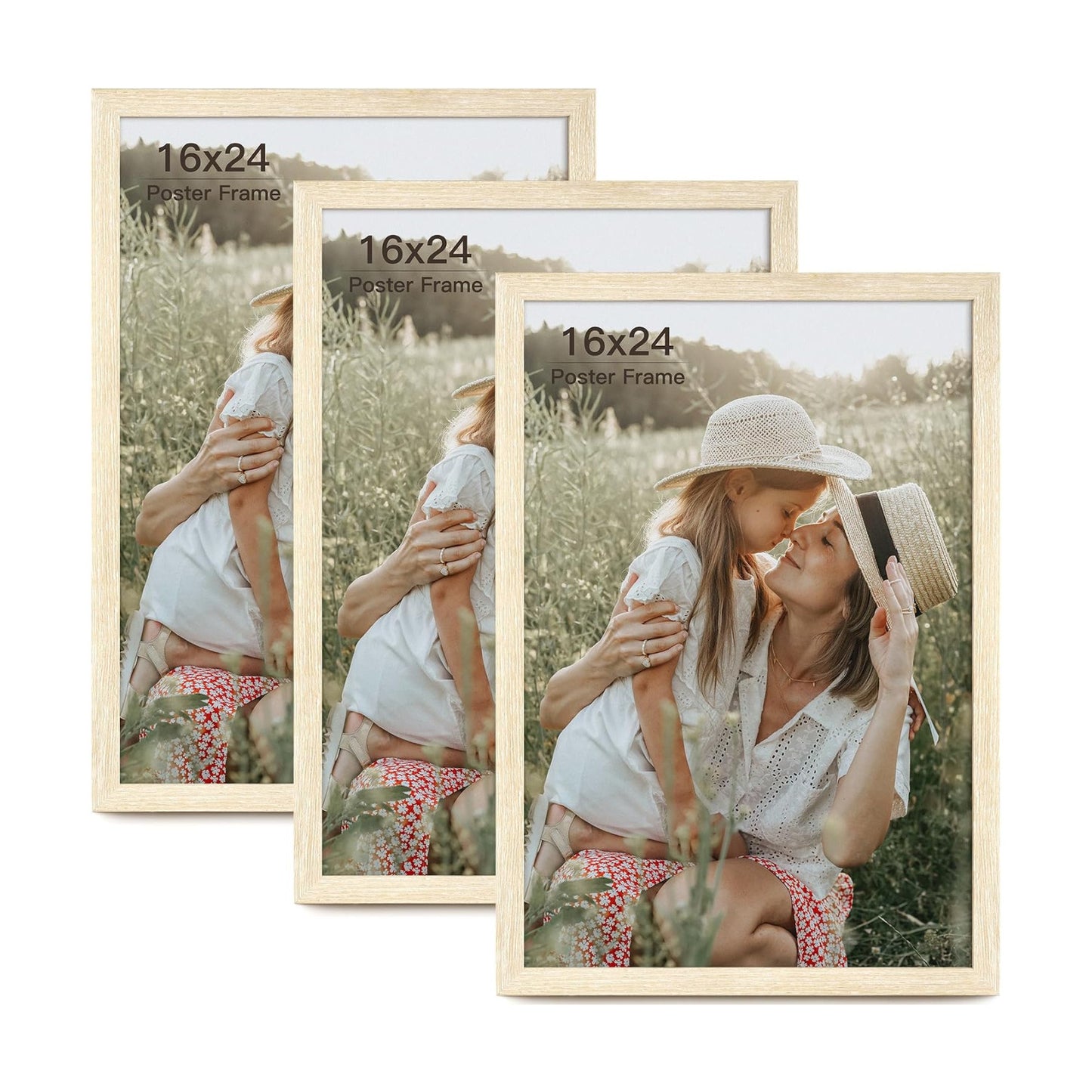 Momentworth 16x24 Frame Set of 3, Natural Wood Grain 16x24 Poster Frame for Gallery Wall Mounting (3 Pack,Natural)