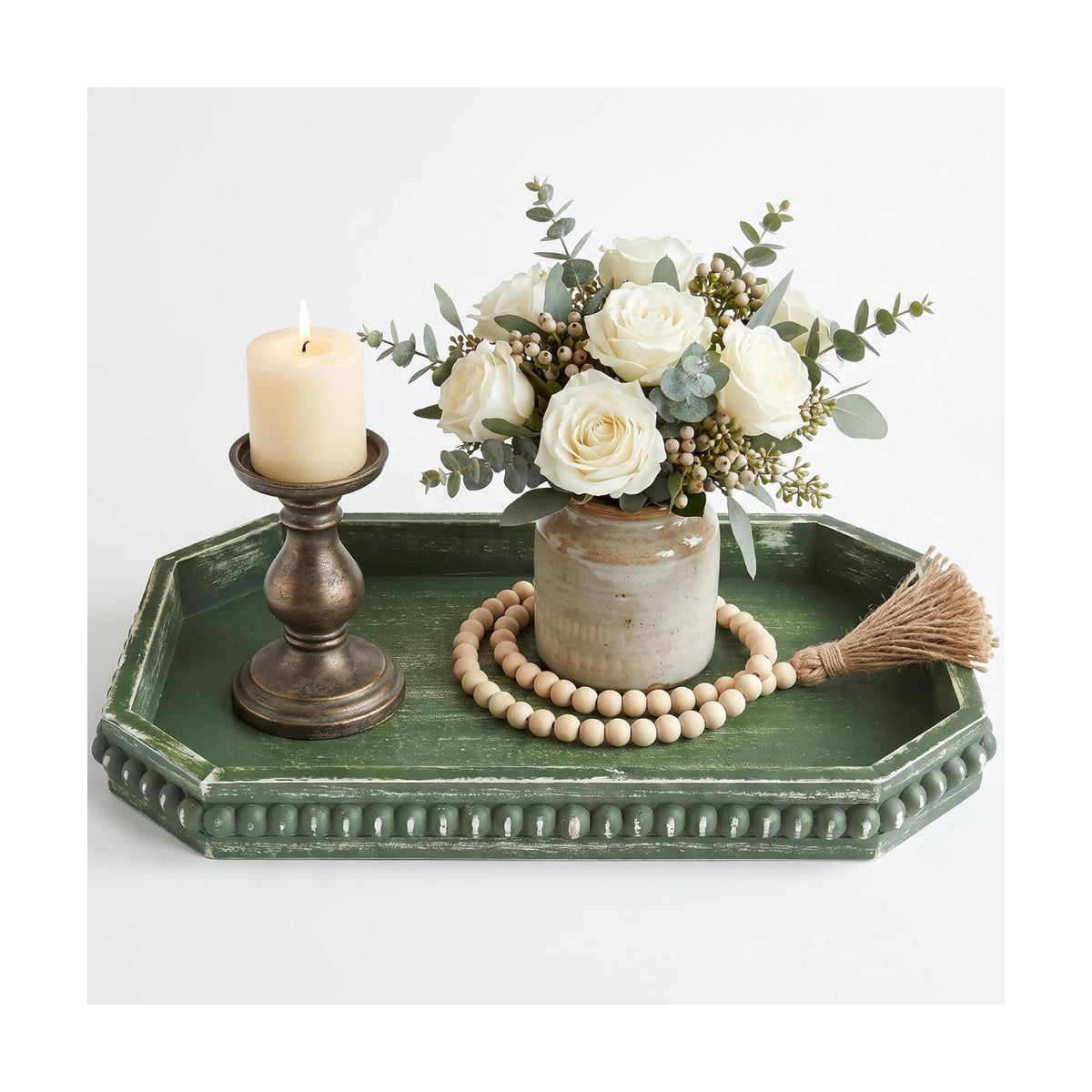 Hrastany Green Wood Decorative Tray, Coffee Table Tray for Ottoman