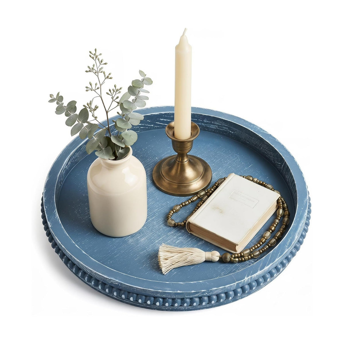 Hrastany Round Blue Wood Decorative Tray for Coffee Table Centerpiece