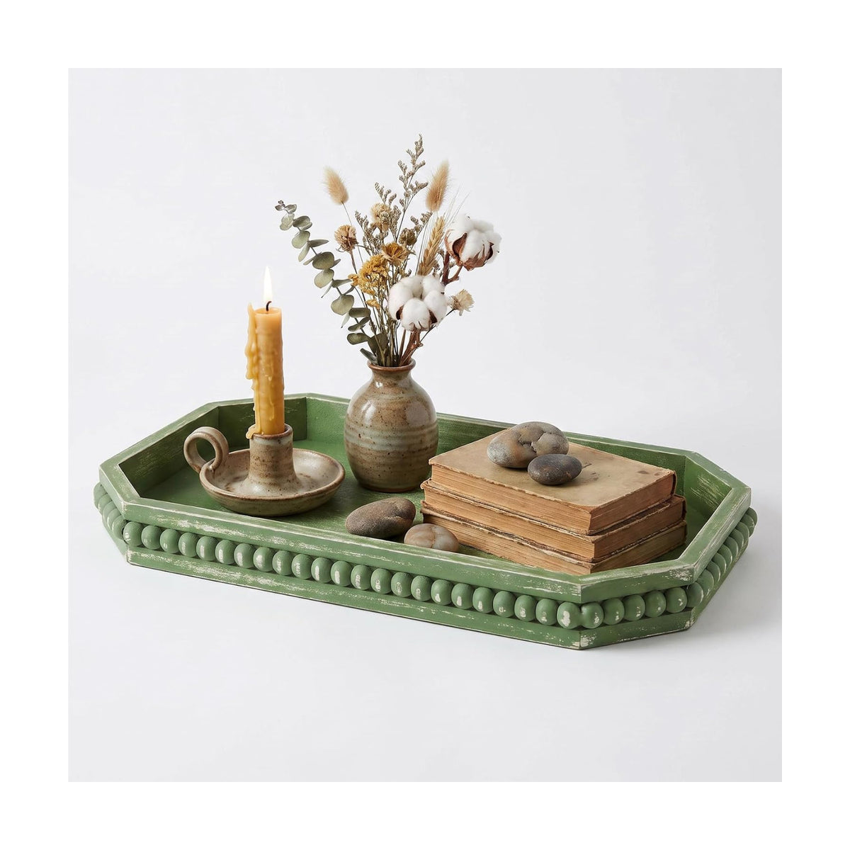 Hrastany Sage Green Wood Decorative Tray, Coffee Table Tray for Ottoman