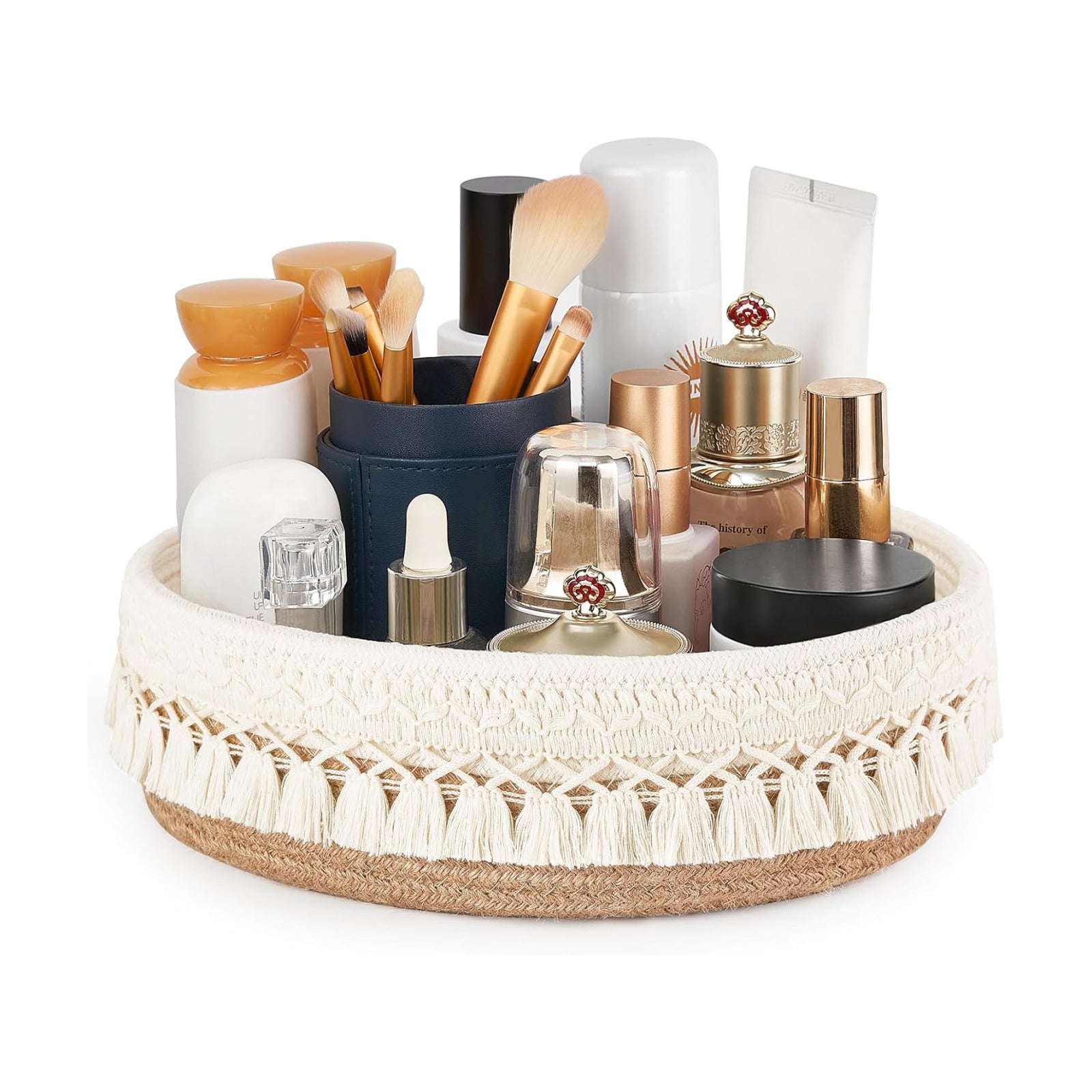 Makeup Perfume Holder Organizer Macrame Decorative Woven Rope Basket Boho Decor / Yellow and White