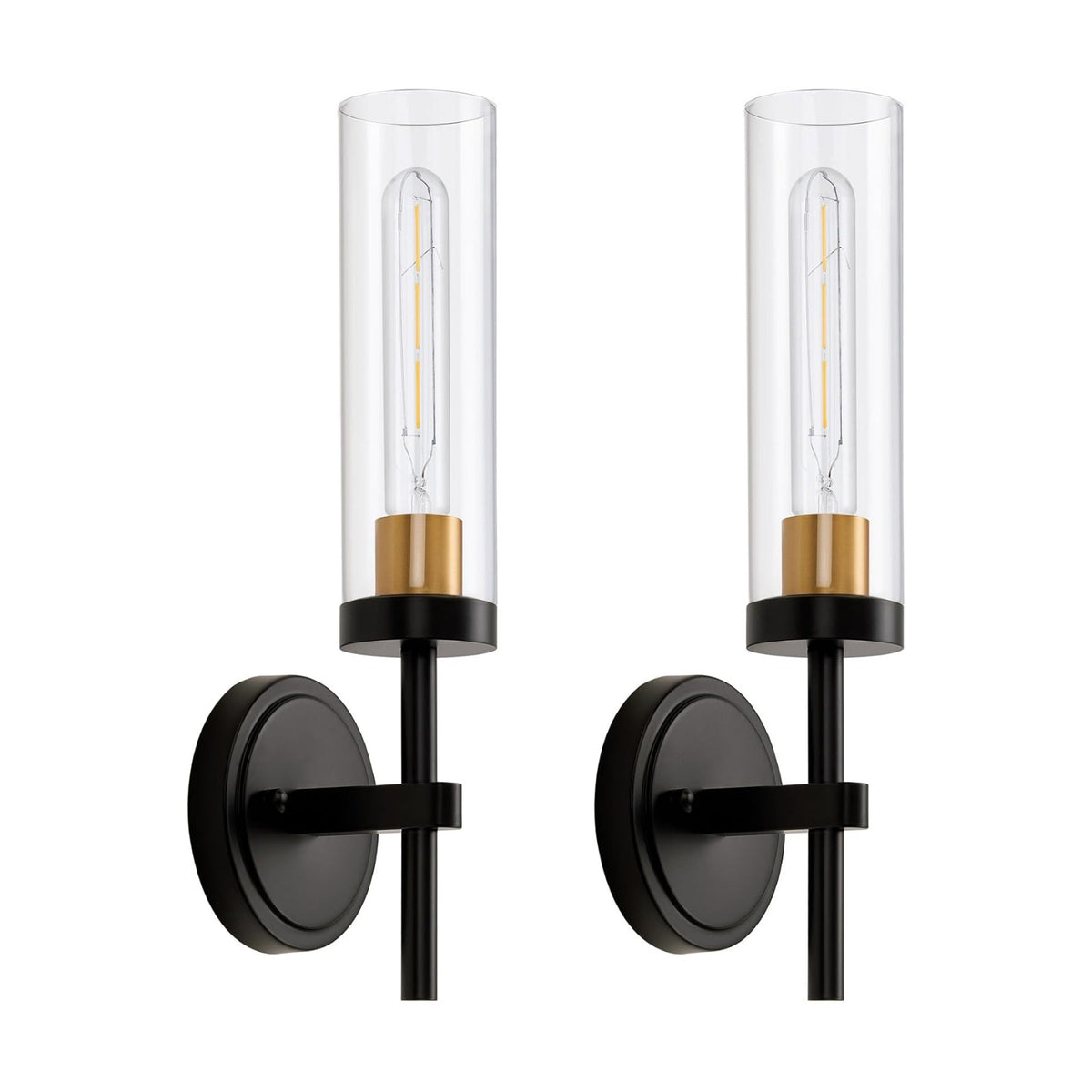 Hardwired Wall Sconces Set of Two, Bathroom Vanity Sconces Wall Lighting with Clear Glass Shade, Black and Gold Modern