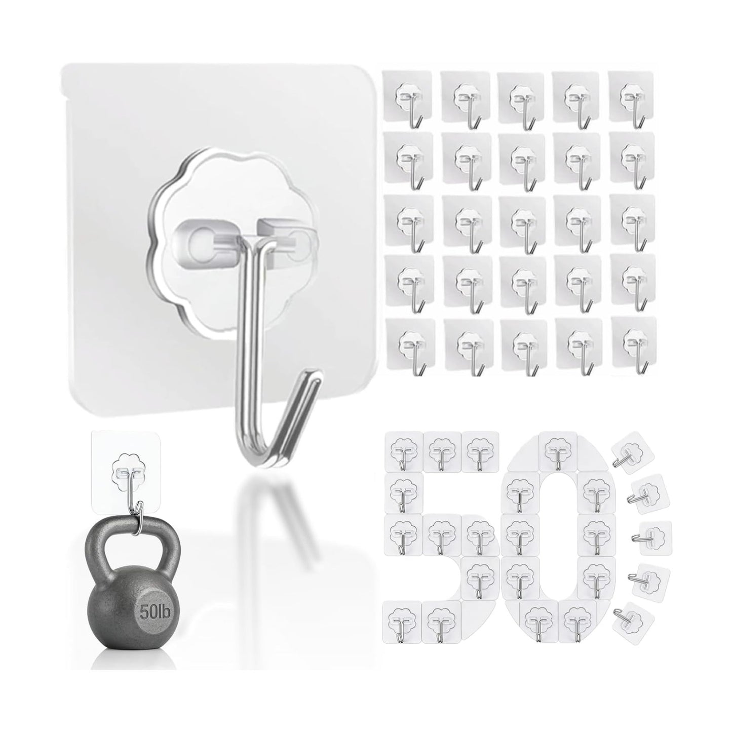 DDMY Hooks for Hanging, 50 Pack Wall Hooks 50lb(Max) Transparent Reusable Waterproof Adhesive Hook for Kitchen Curtain