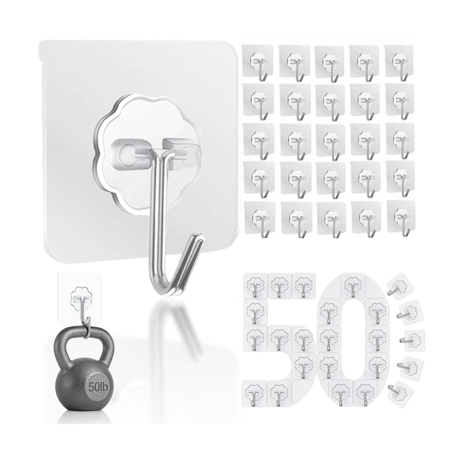 DDMY Hooks for Hanging, 50 Pack Wall Hooks 50lb(Max) Transparent Reusable Waterproof Adhesive Hook for Kitchen Curtain