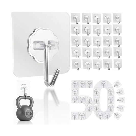 DDMY Hooks for Hanging, 50 Pack Wall Hooks 50lb(Max) Transparent Reusable Waterproof Adhesive Hook for Kitchen Curtain