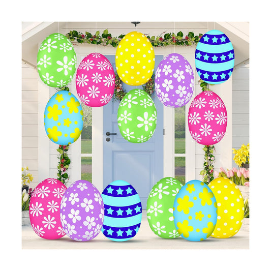 18 Pieces 12 Inch Inflatable Easter Eggs Easter Outdoor Yard Decoration Large Inflatable Hanging Eggs Ornaments Giant PVC Kids Toys for Garden Lawn Party Decor