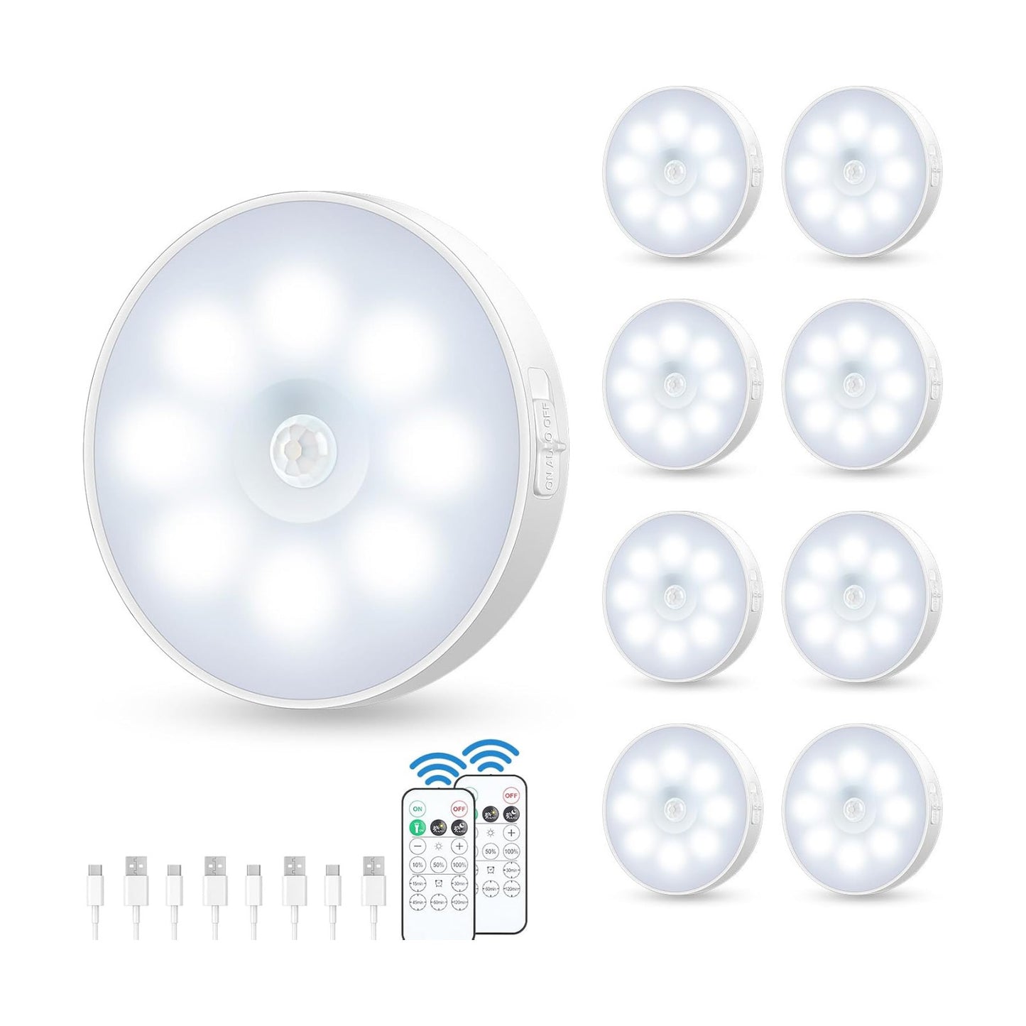 Motion Sensor Puck Light with Remote, Cool White, 8-Pack | Wireless Dimmable, Under Cabinet Lights, Rechargeable