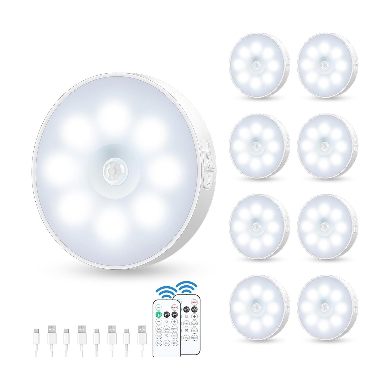 Motion Sensor Puck Light with Remote, Cool White, 8-Pack | Wireless Dimmable, Under Cabinet Lights, Rechargeable