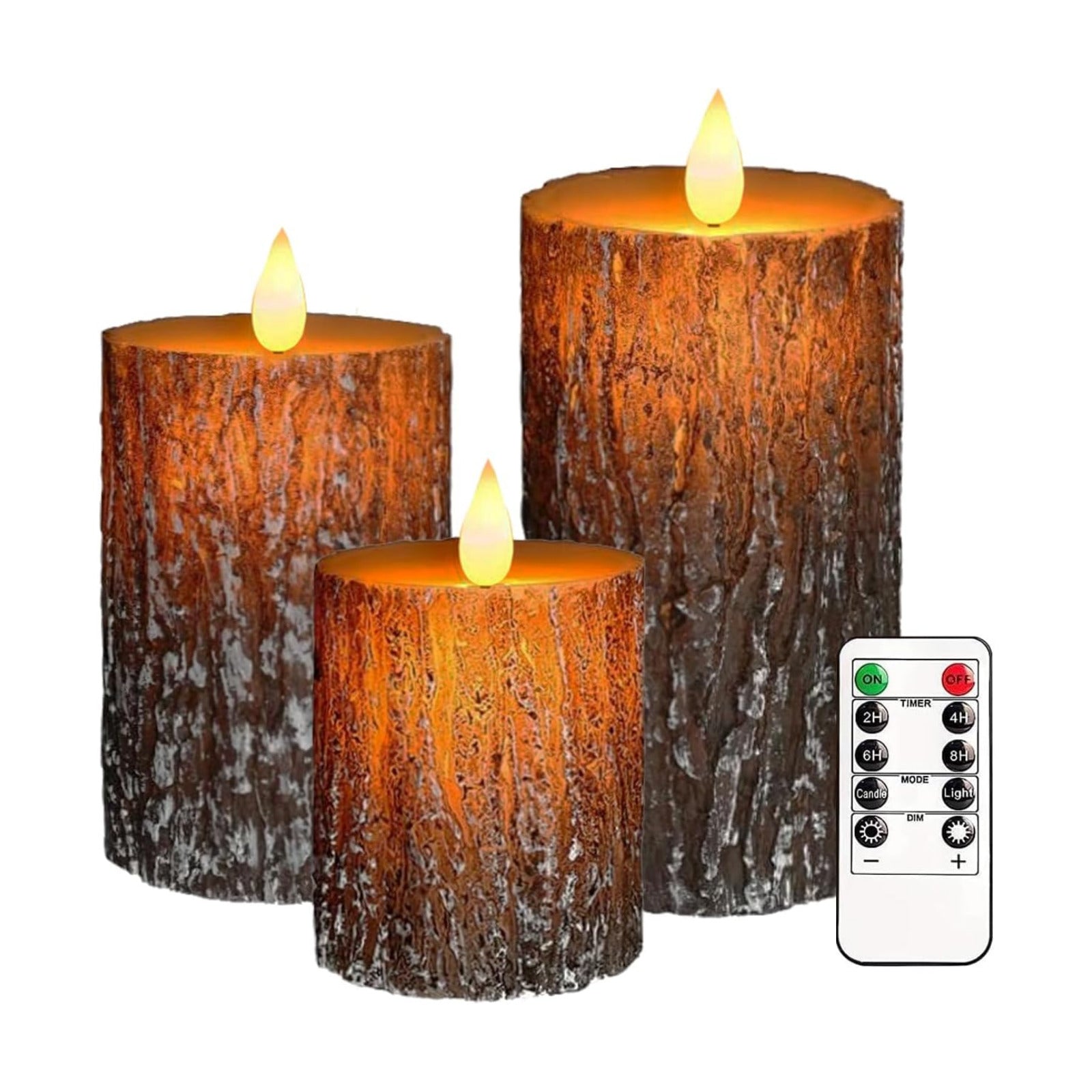 Pine Bark Flameless Candles Set of 3, Christmas Candles with Remote & Timer | Flickering Real Wax Pillar Candles