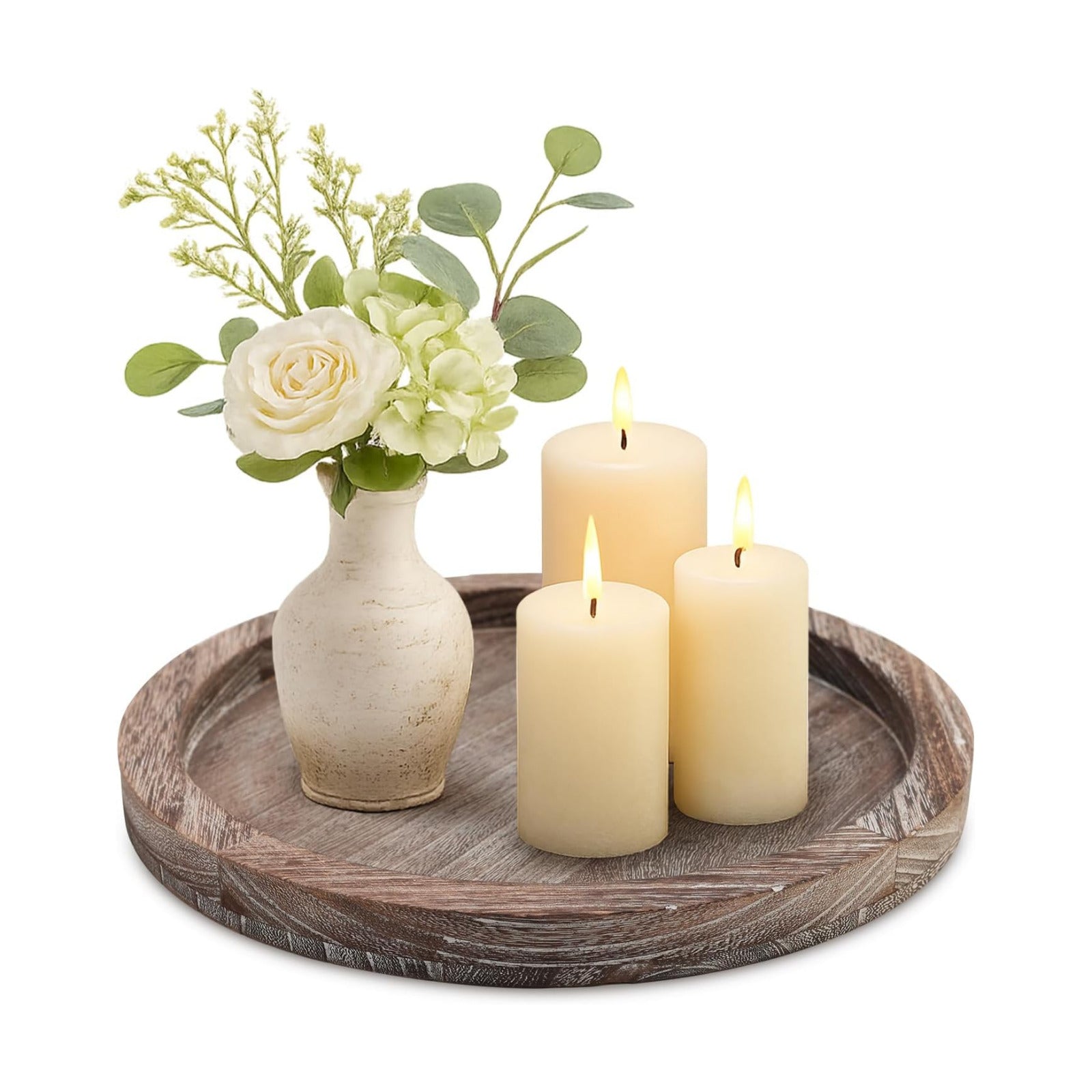 Round Decorative Wood Trays / Washedwhite / Set of 11