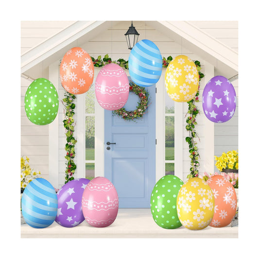 18 Pieces 12 Inch Inflatable Easter Eggs Easter Outdoor Yard Decoration Large Inflatable Hanging Eggs Ornaments Giant PVC Kids Toys for Garden Lawn Party Decor