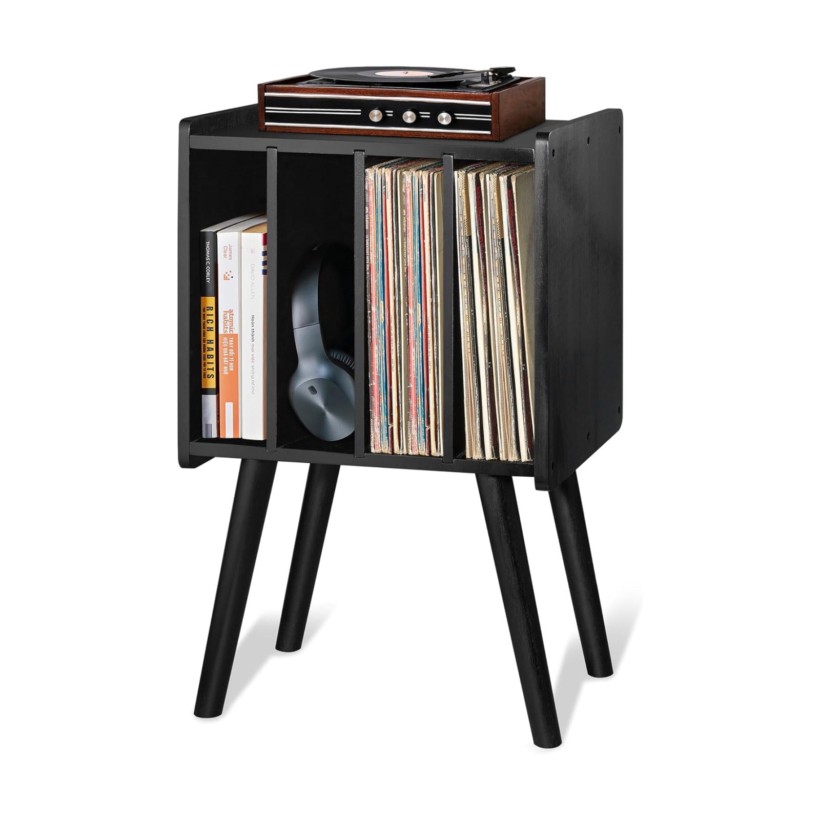 2BHOME Wooden LP Record Player Stand with 4 Cabinets, Holds up to 100 Vinyls, Metal Record Storage Holder and Organizer