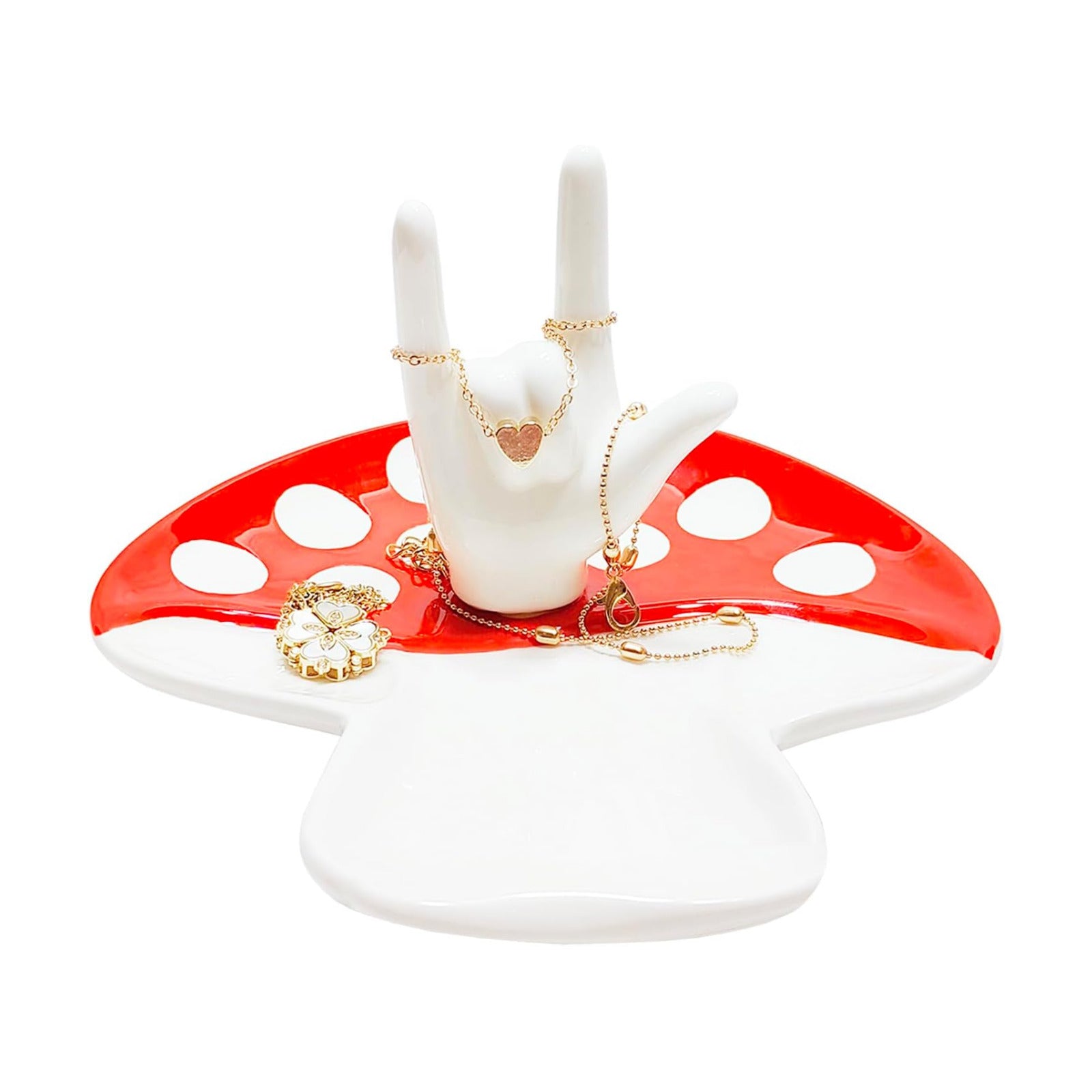 Ring Holder I LOVE YOU Hand Ring Dish Ceramic Jewelry Tray Decor for Necklace Rings / Mushroom