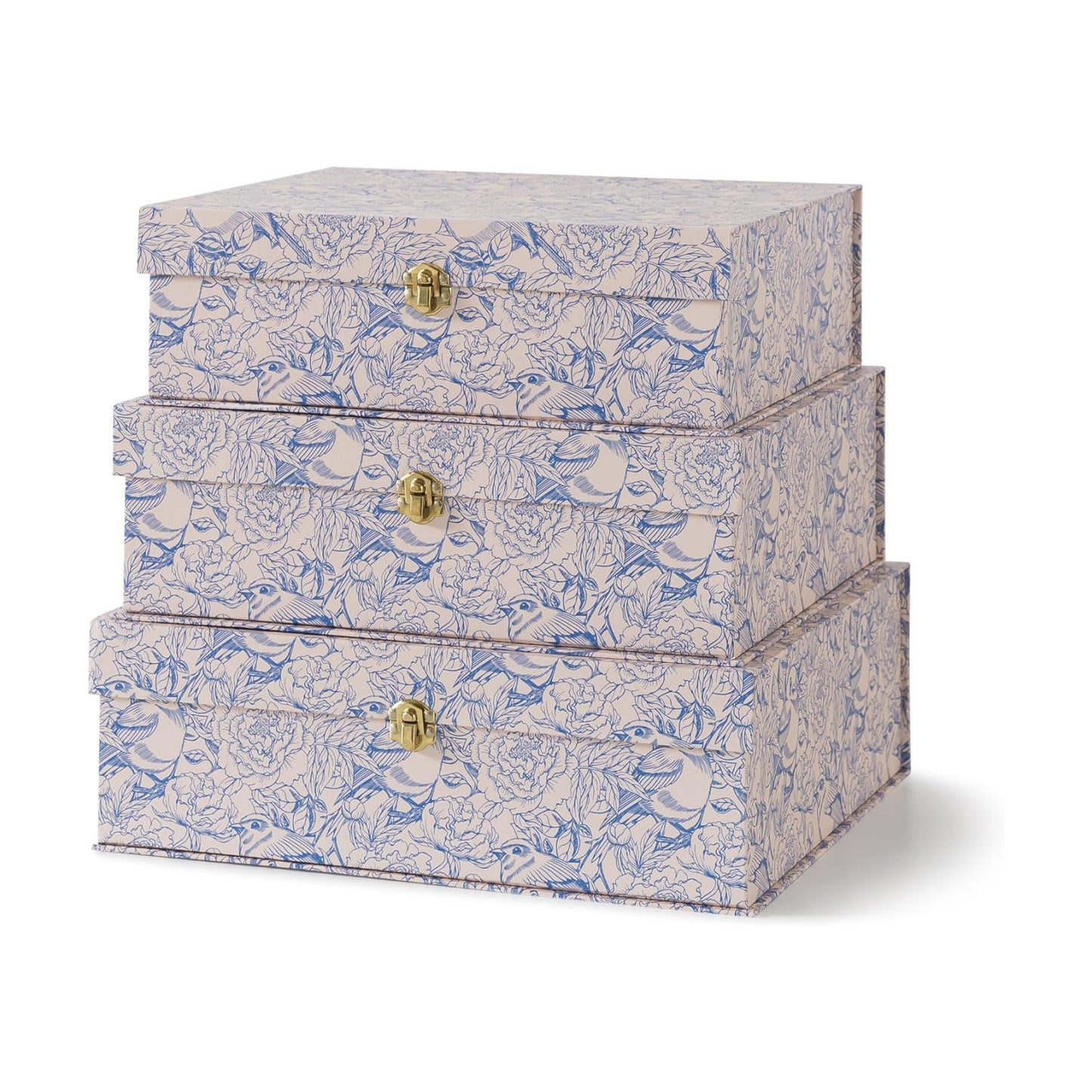 White Floral Cardboard Decorative Storage Boxes / Aviary Garden / Blue / Set of 3