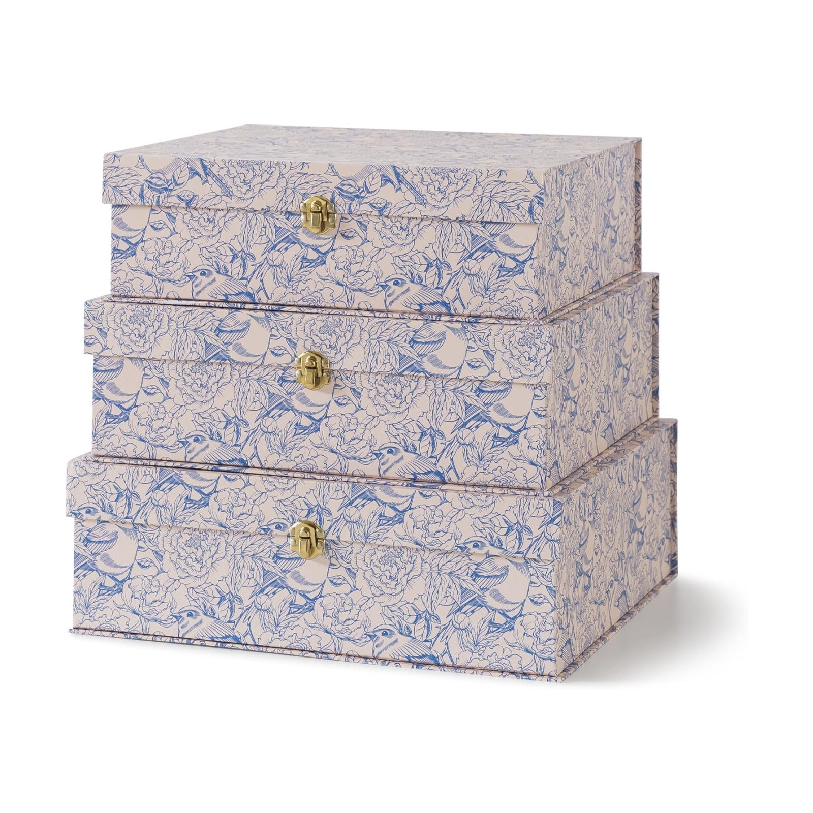 White Floral Cardboard Decorative Storage Boxes / Aviary Garden / Blue / Set of 3