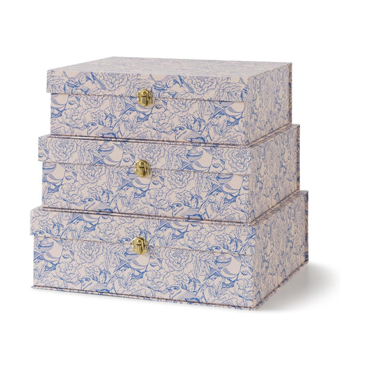 White Floral Cardboard Decorative Storage Boxes / Aviary Garden / Blue / Set of 3