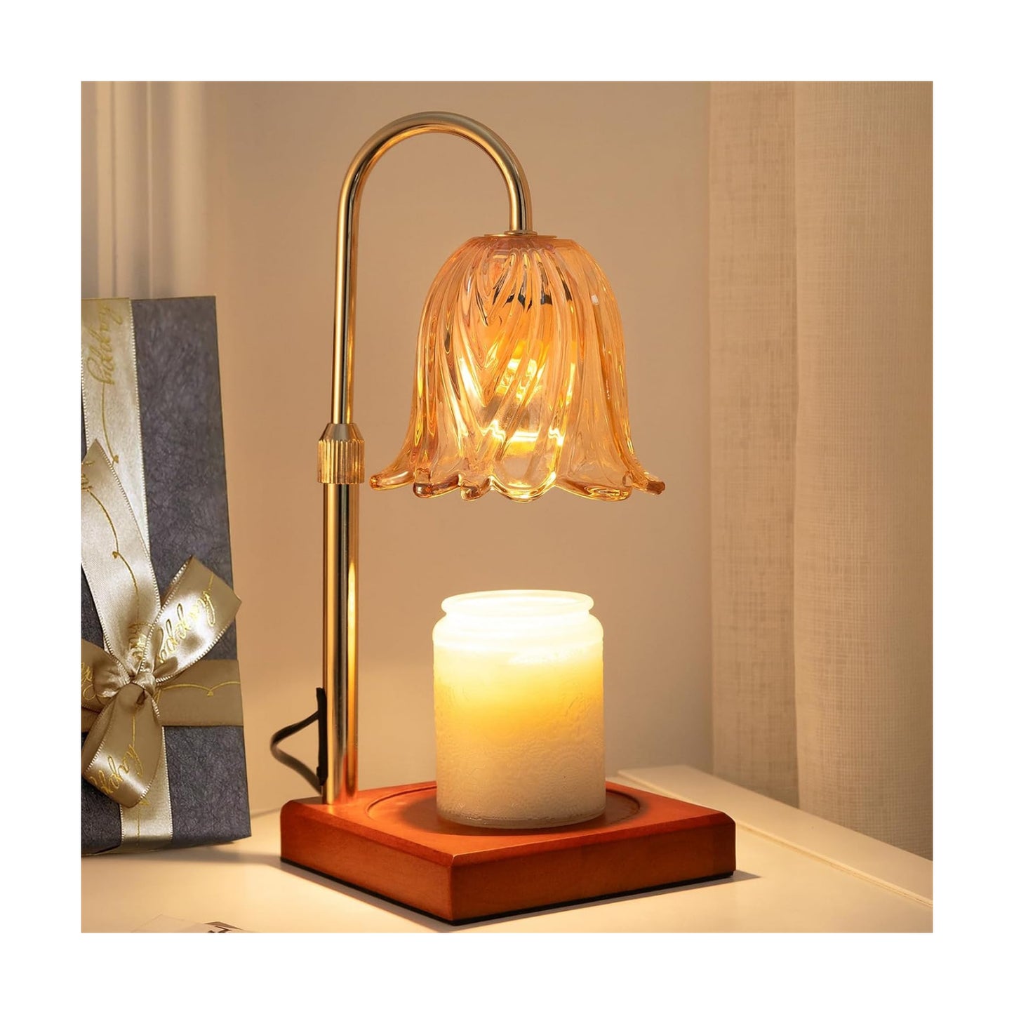 GODONLIF Flower Candle Warmer Lamp with Timer, Gold Electric Candle Lamp | Dimmable Vintage Wax Melt Warmer with 2