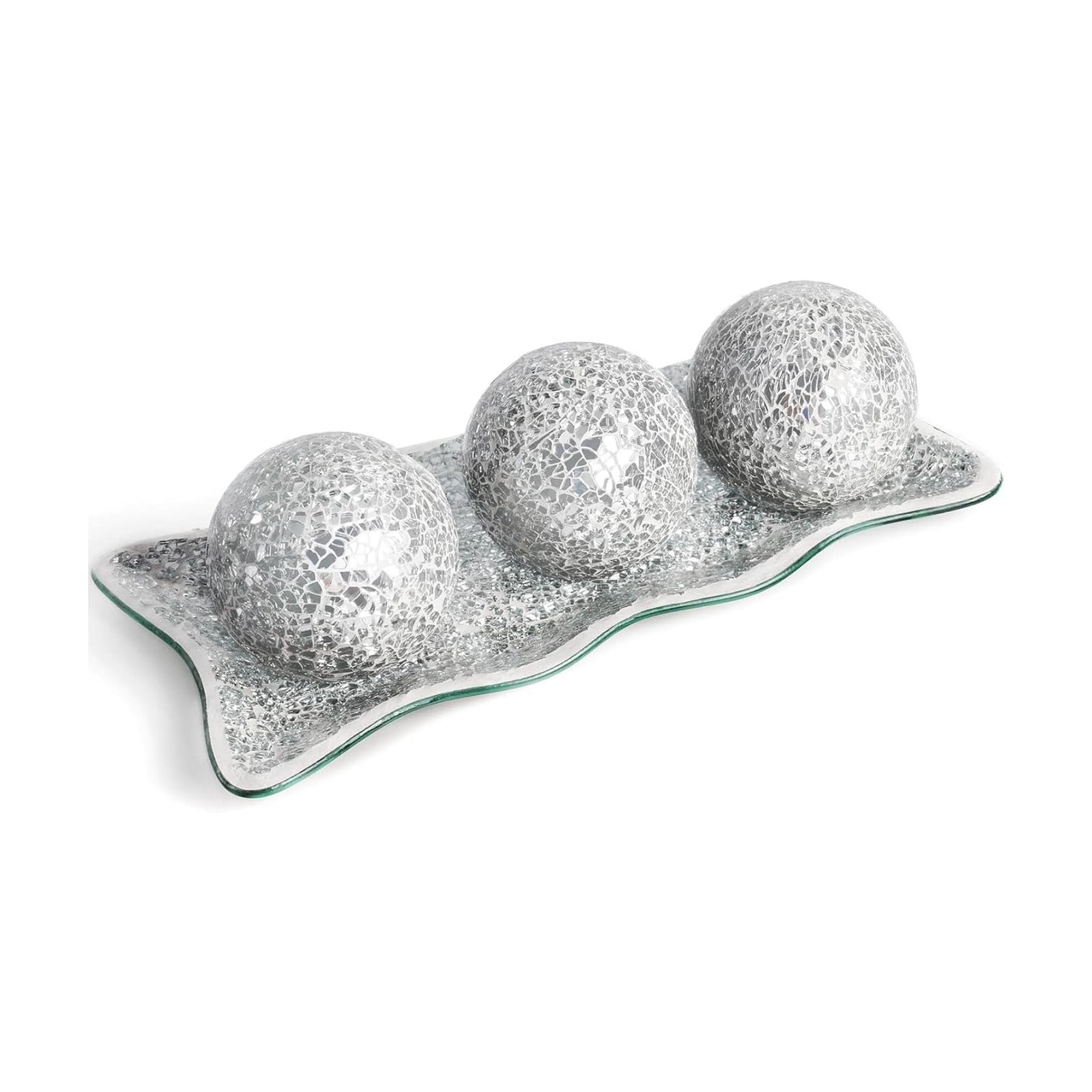 Tray / Orbs Glass Balls for Centerpiece Bowls Mosaic Sphere / Silver / 3 Inch / Set of 3