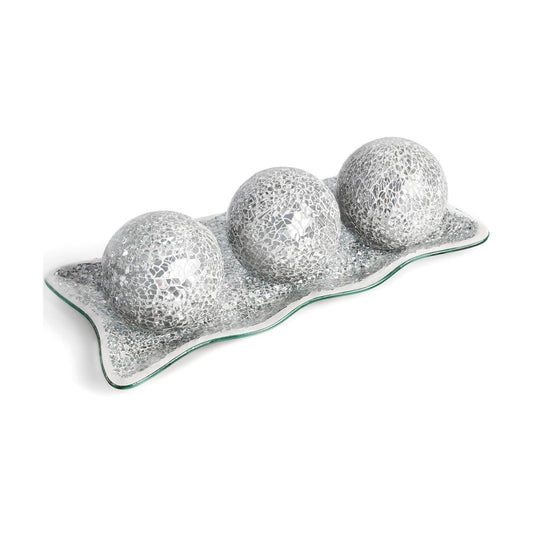 Tray / Orbs Glass Balls for Centerpiece Bowls Mosaic Sphere / Silver / 3 Inch / Set of 3