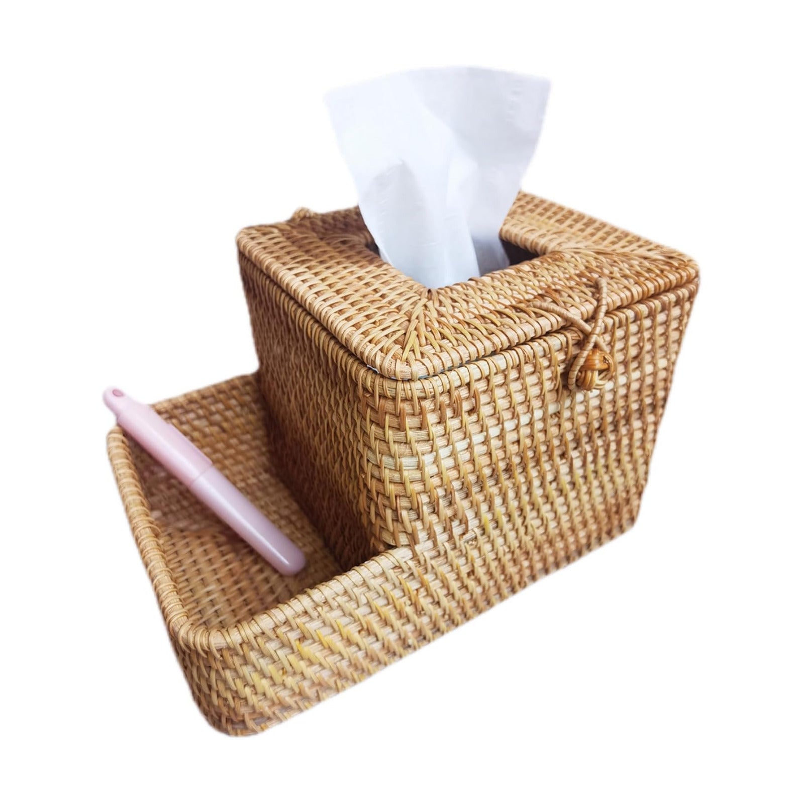 Decorative Square Rattan Tissue Box and Condiment Organizer / Natural Brown with Compartment / 6 x 6