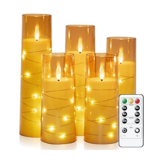 Raycare Flameless Battery Operated Pillar Candles with Remote Timer, Gold