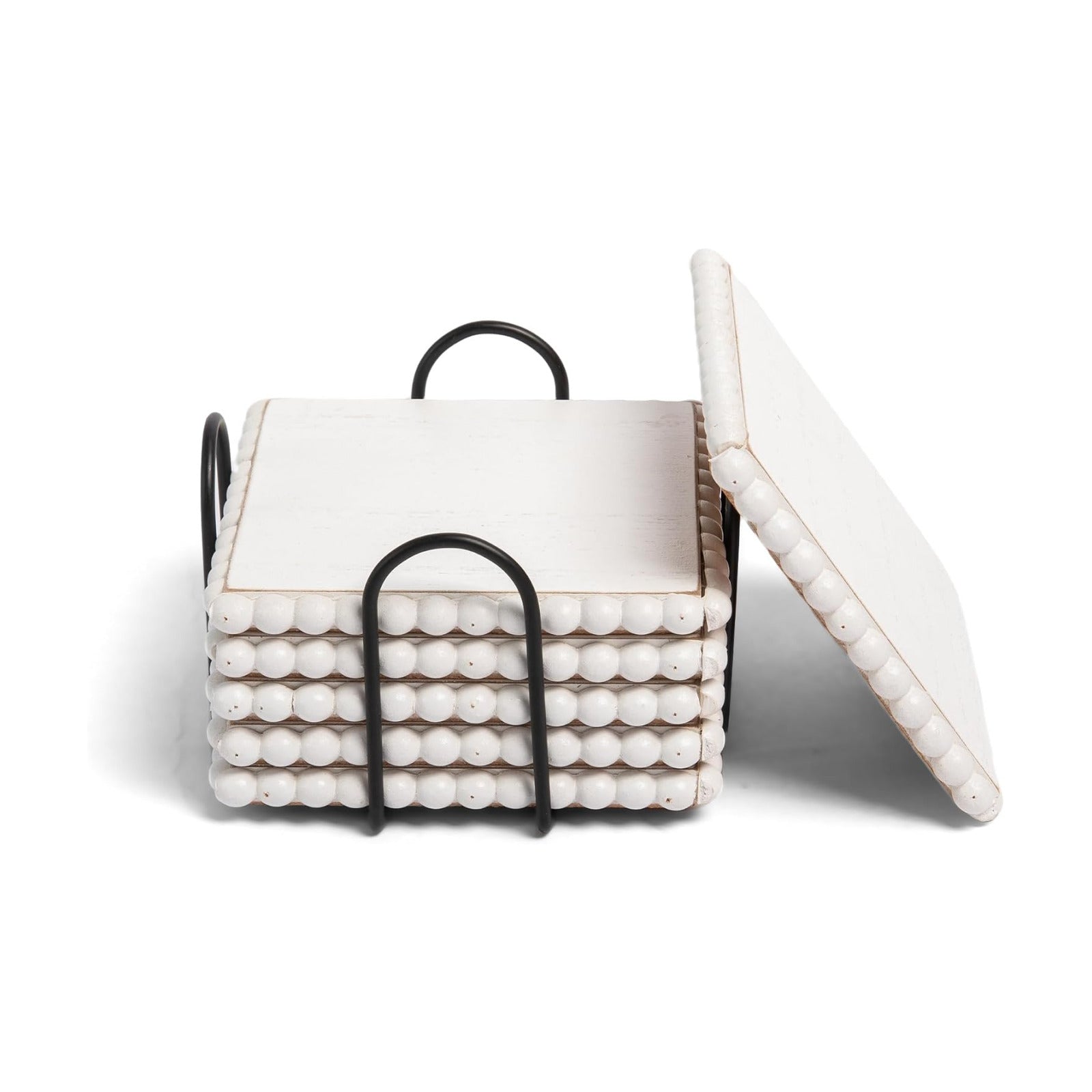 Metal Holder / GENMOUS Farmhouse Wooden Bead Coasters / Square-white / Set of 6