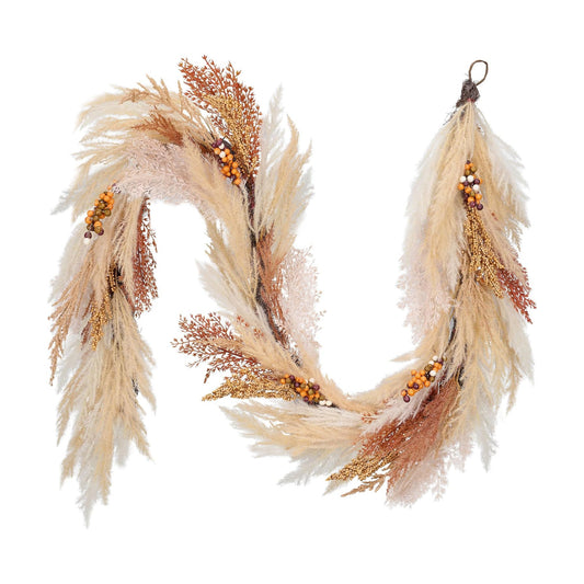 Pre-Lit Light Up Artificial Faux Pampas Grass Garland / Orange and Gold / 6 Inch