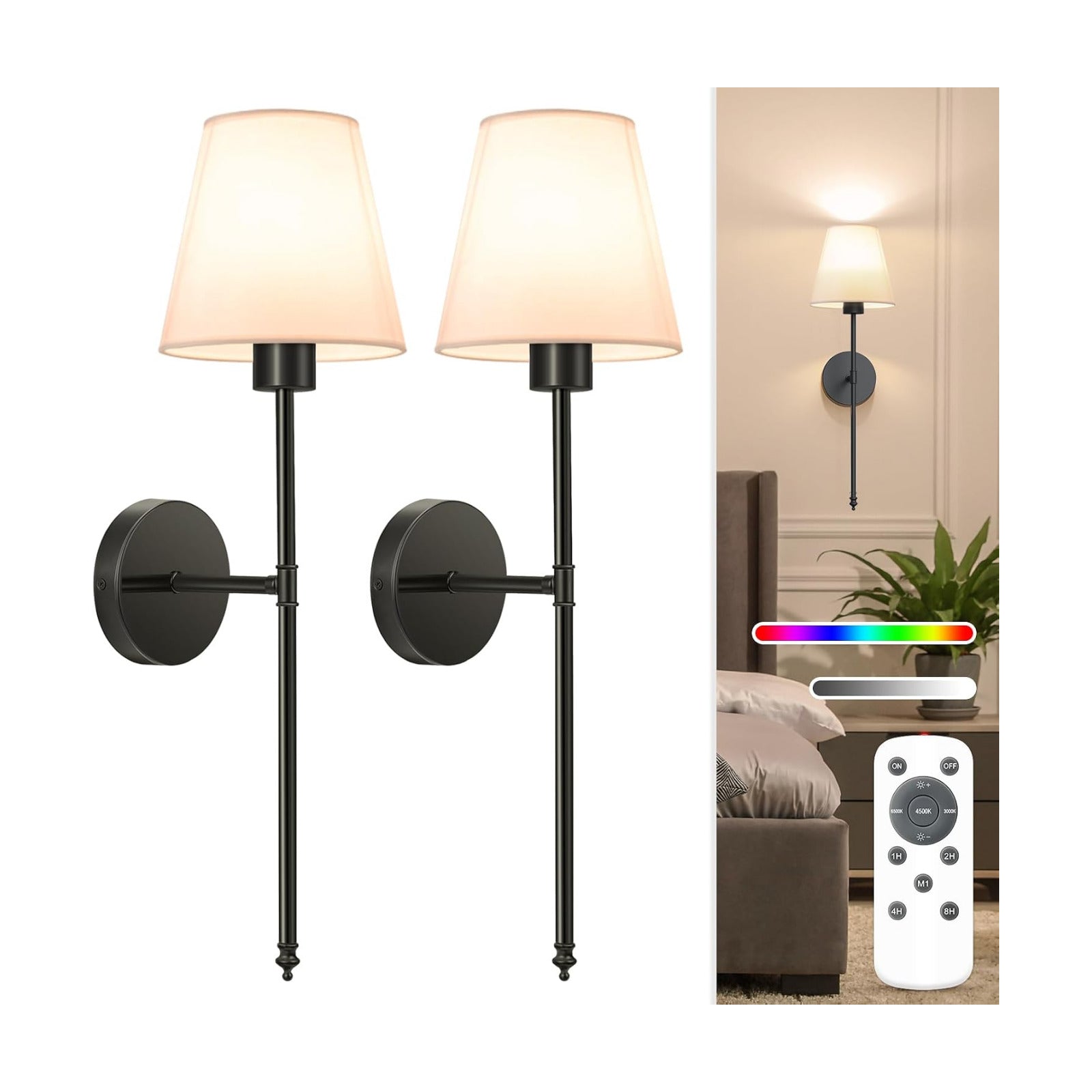 Battery Operated Wall Sconce Set of 2,Black Rechargeable Wall Lights with 10400mAh Dimmable Bulbs and Remote,10 Colors