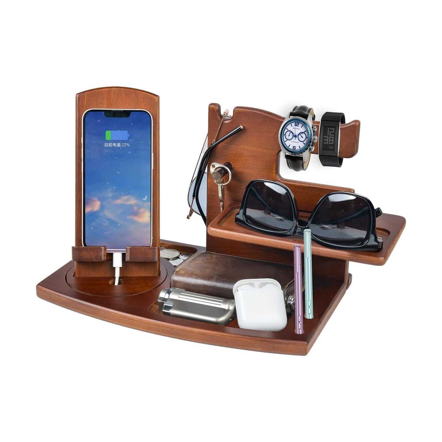 Gifts for Men, Fathers Day Wood Phone Docking Station for Dad, Desk or Nightstand Organizer, Mens Gifts for Husband