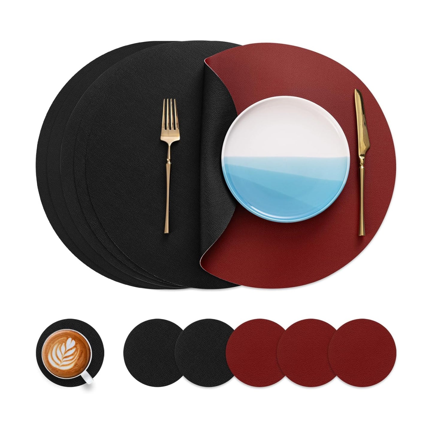 Myir JUN 15 Inches Round Placemats Set of 6 Faux Leather Place Mats | Waterproof Heat Resistant Placemats and Coasters