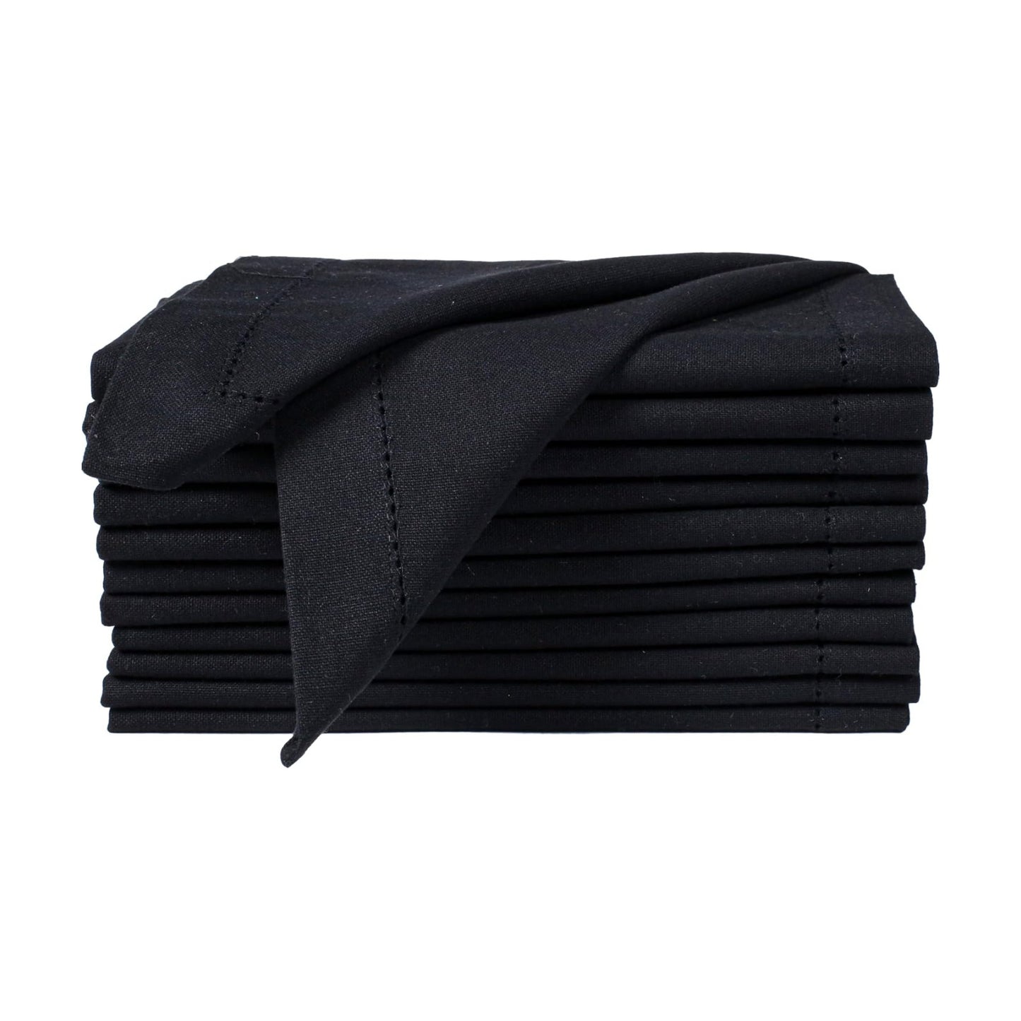 Bedding Craft Cloth Dinner Napkins Set of 12 – 18x18 Jet Black Linen-Look Hemstitched – Reusable Machine Washable