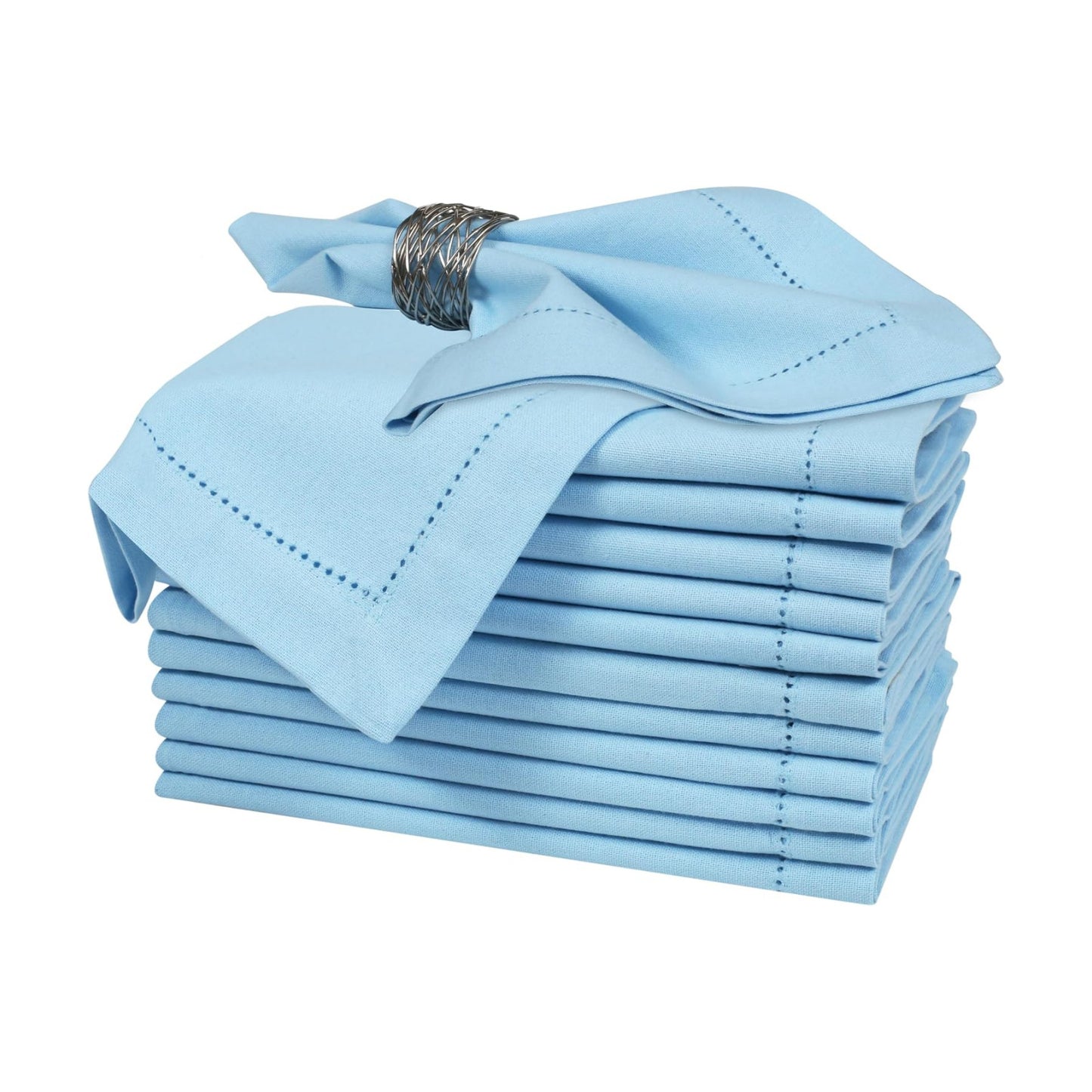 Bedding Craft Cloth Dinner Napkins Set of 12 – 18x18 Airy Blue Linen-Look Hemstitched – Soft Machine Washable Reusable