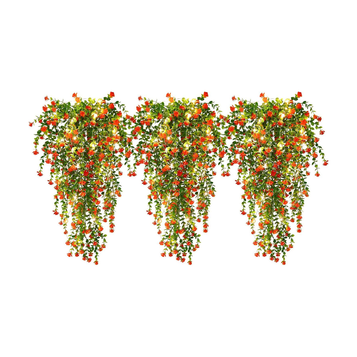 RECUTMS Artificial Plant, 3 Pack Hanging Plants with 30 LED Lights, 11.5in Eucalyptus, Orange Red, Indoor Outdoor Decoration