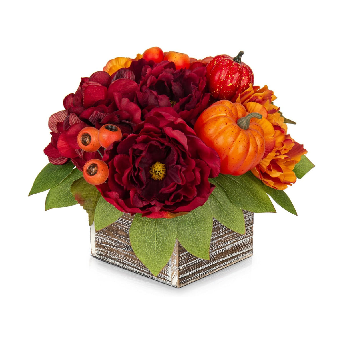 DILATATA Fall Decor Autumn Harvest Pumpkins Centerpiece - Artificial Peony Arrangement in Wooden Box for Thanksgiving Party Mantel Fall Decor