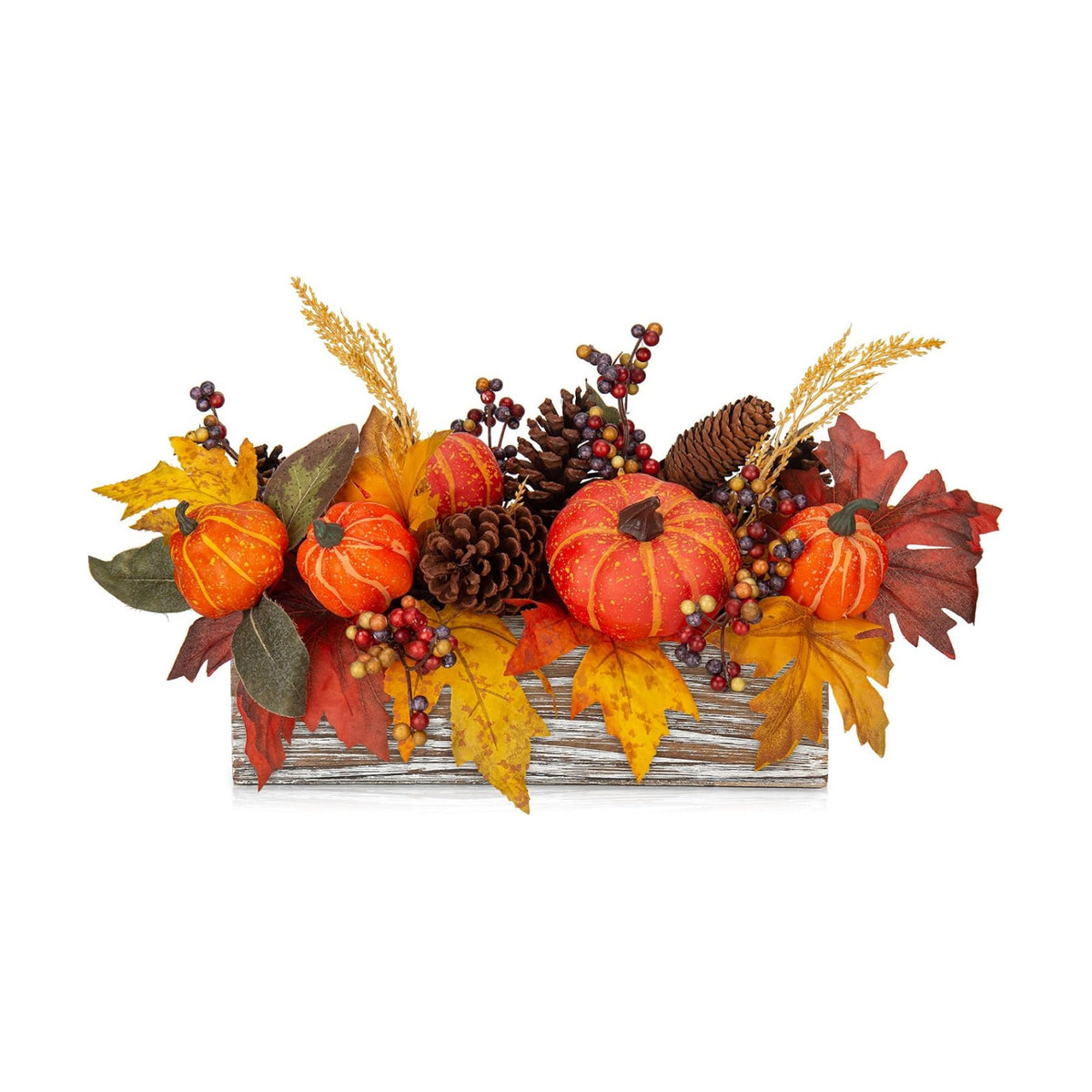 DILATATA Fall Decor Autumn Harvest Pumpkins Centerpiece - Artificial Maple Leaves, Berries and Pinecones Arrangement in Rectangle Wooden Box for Thanksgiving Party Mantel Fall Decor