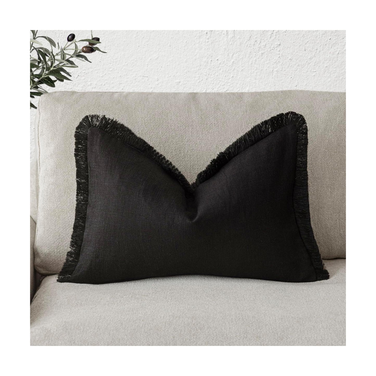 Decorative Linen Fringe Lumbar Throw Pillow Covers Boho Farmhouse Cushion Cover / 20 x 12 / Black