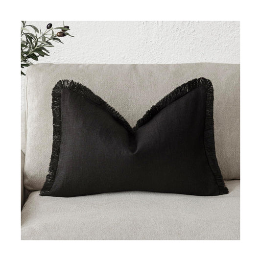 Decorative Linen Fringe Lumbar Throw Pillow Covers Boho Farmhouse Cushion Cover / 20 x 12 / Black