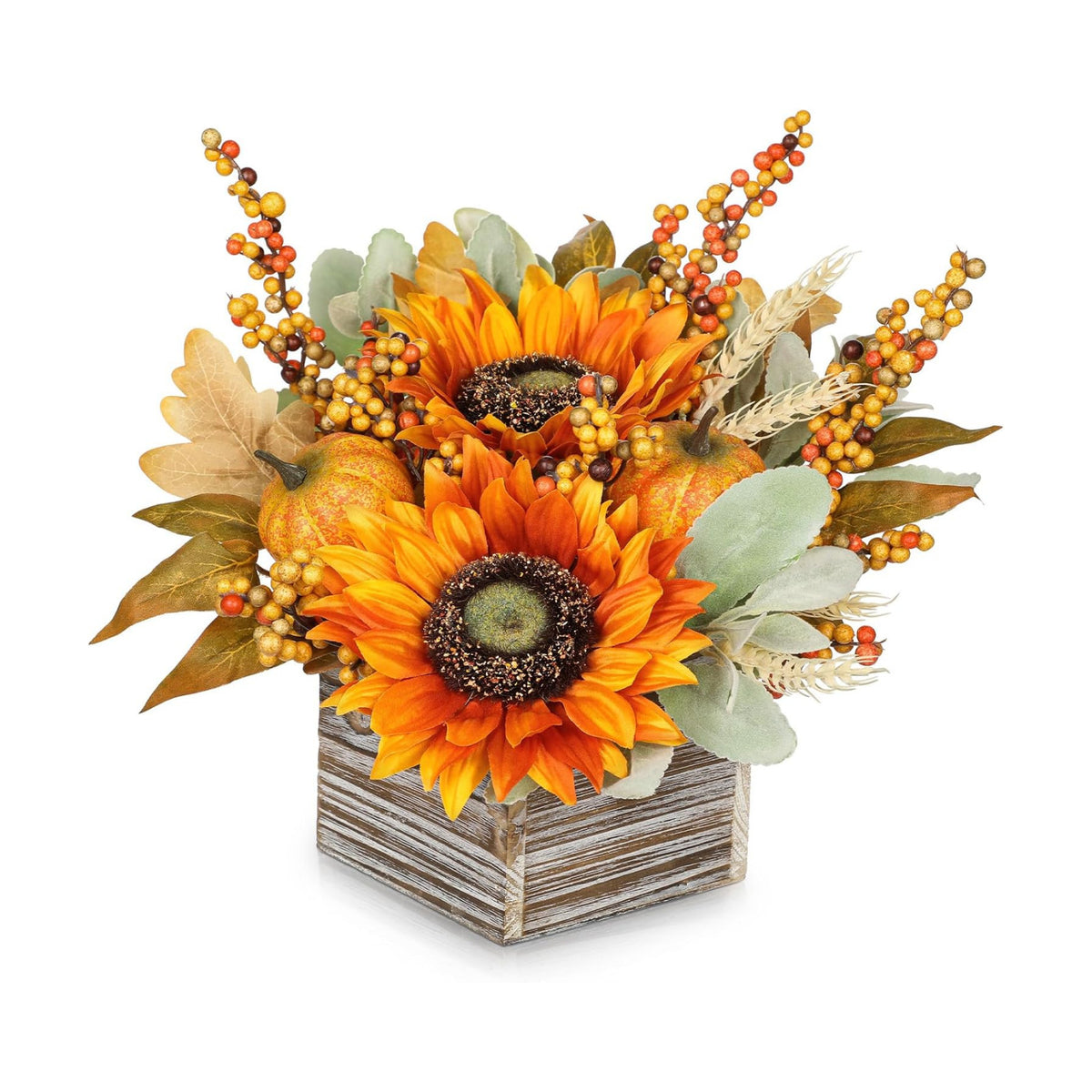 DILATATA Fall Decor Autumn Harvest Floral Centerpiece with Artificial Sunflowers Lambs Ear Gourd and Berries Arrangement for Thanksgiving Party Mantel Fall Decor