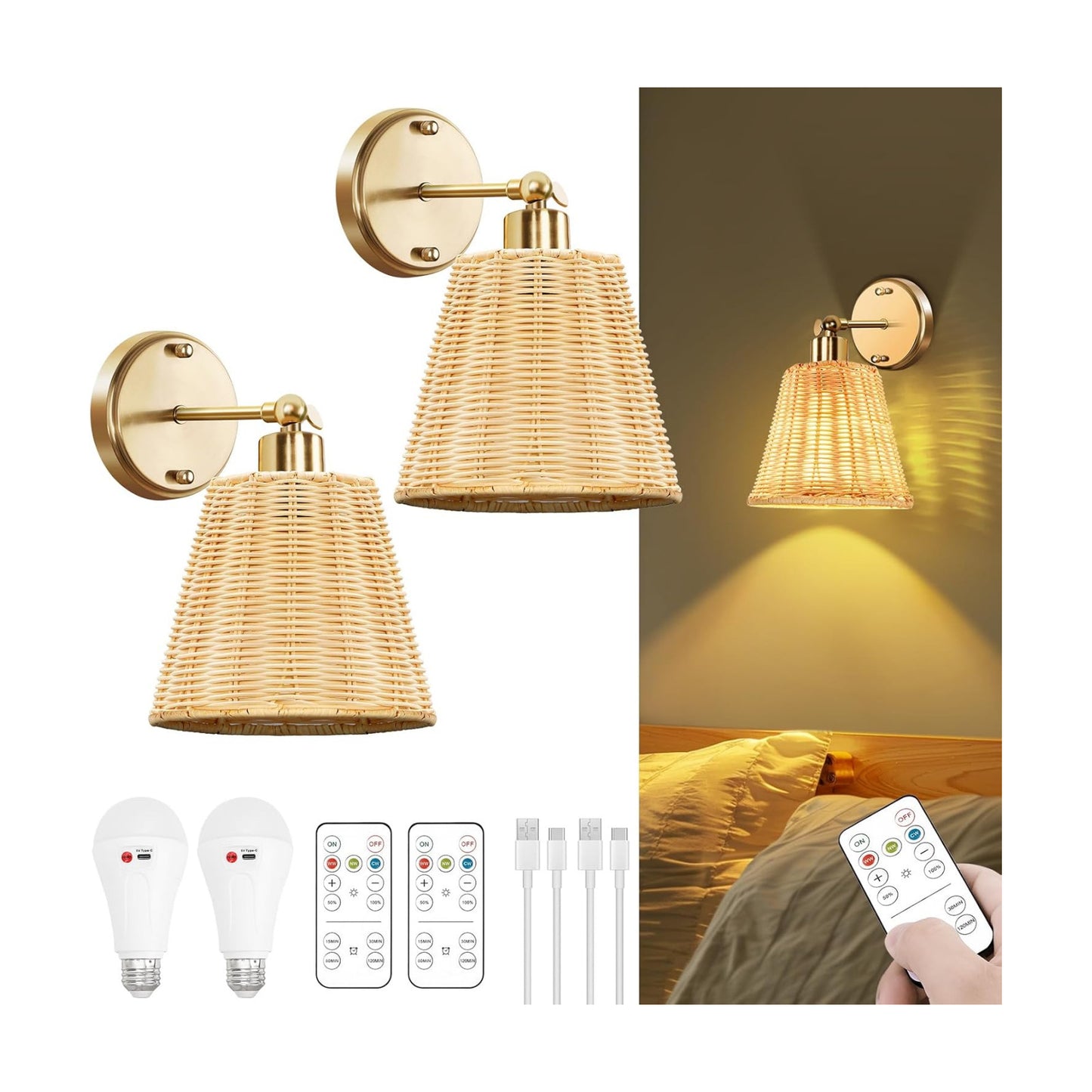 Frideko Rattan Rechargeable Battery Operated Wall Sconces Set of Two with Remote, 3 Colors Dimmable Wireless Wall