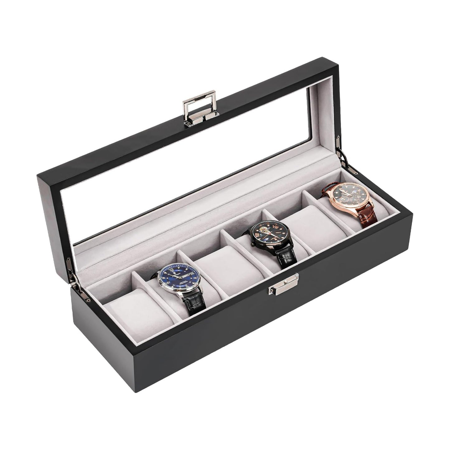 ProCase Wooden Watch Box, 6 Slot Mens Watch Display Case, MatteBlack | Wood Watches Holder Storage Organizer with Clear