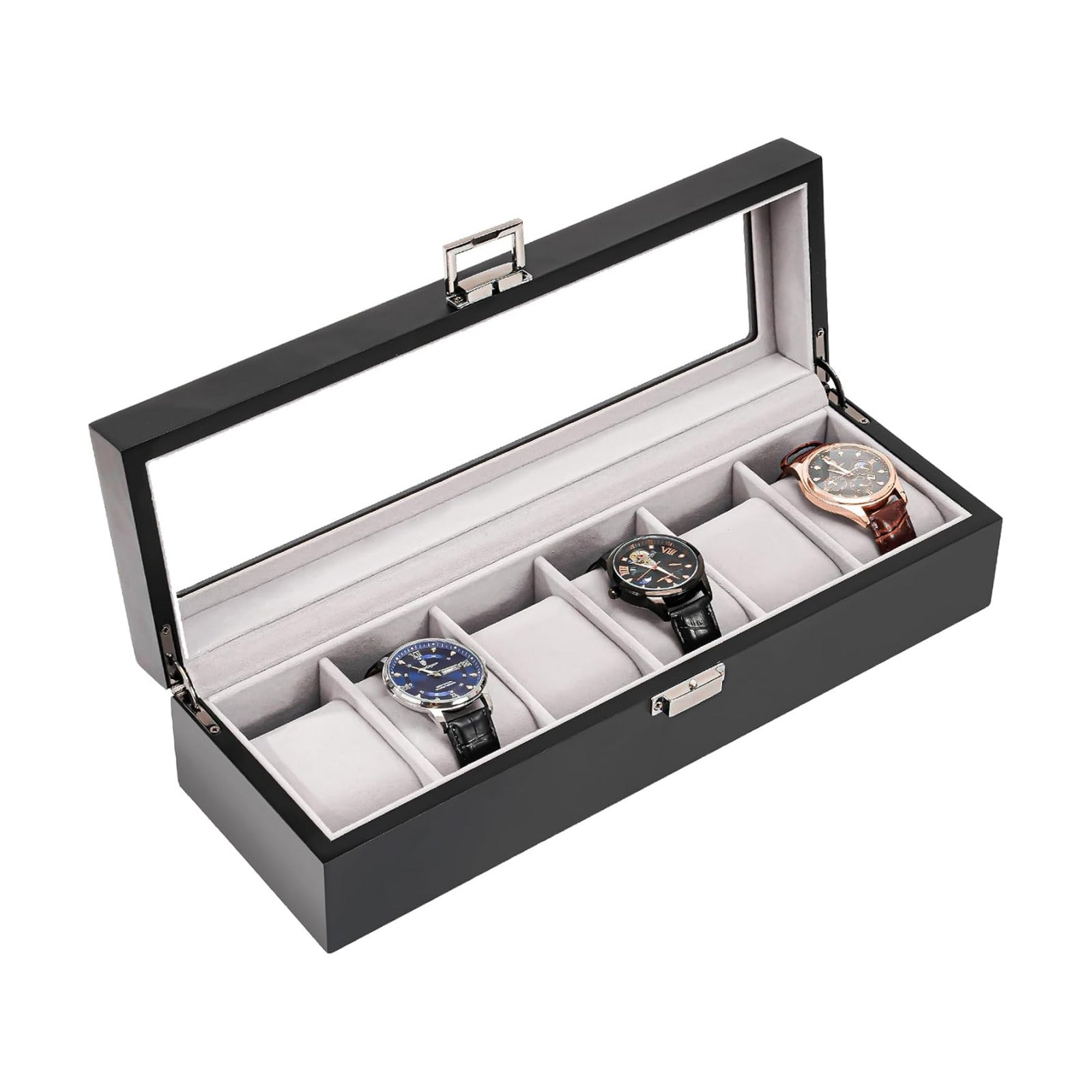 ProCase Wooden Watch Box, 6 Slot Mens Watch Display Case, MatteBlack | Wood Watches Holder Storage Organizer with Clear