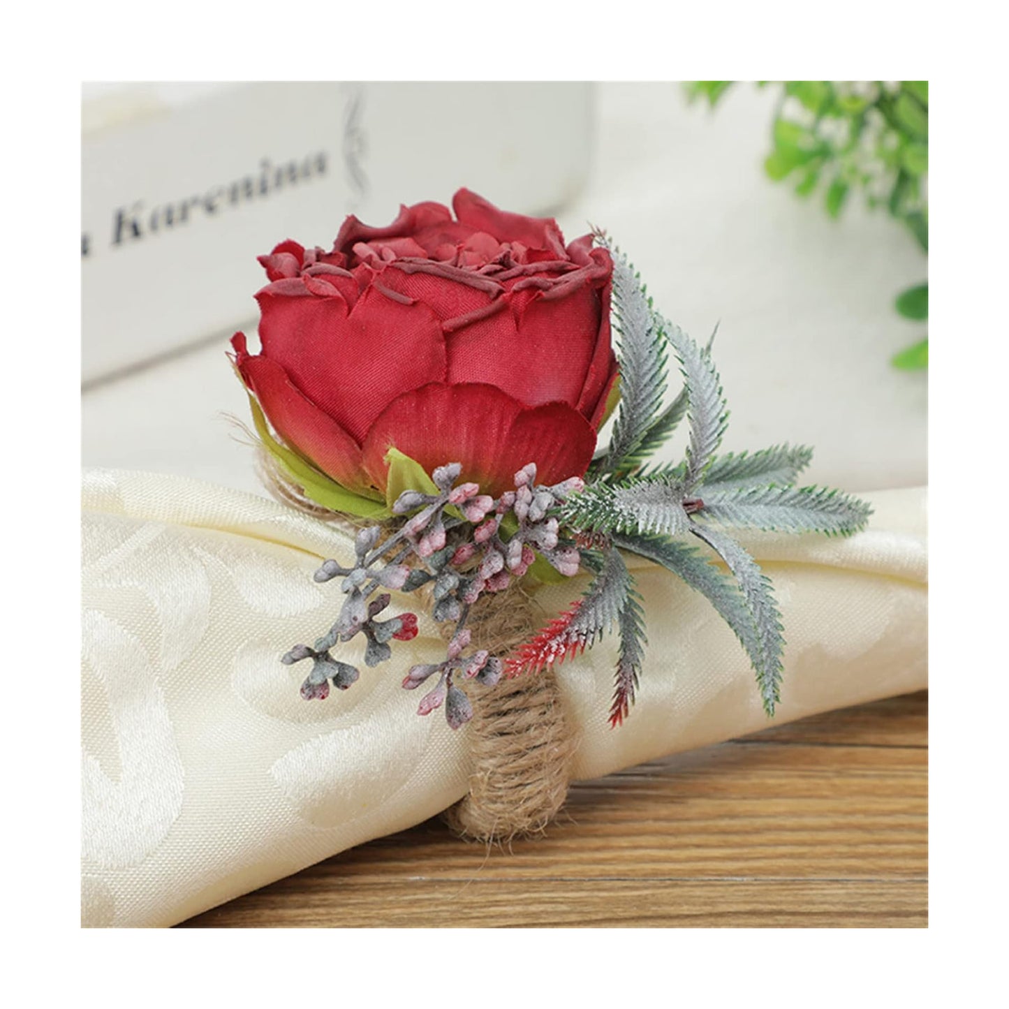 Floral Napkin Rings Set of 6,Rustic Rose Napkin Rings Flower Dinner Napkin Holder for Table Decoration(26#RED)