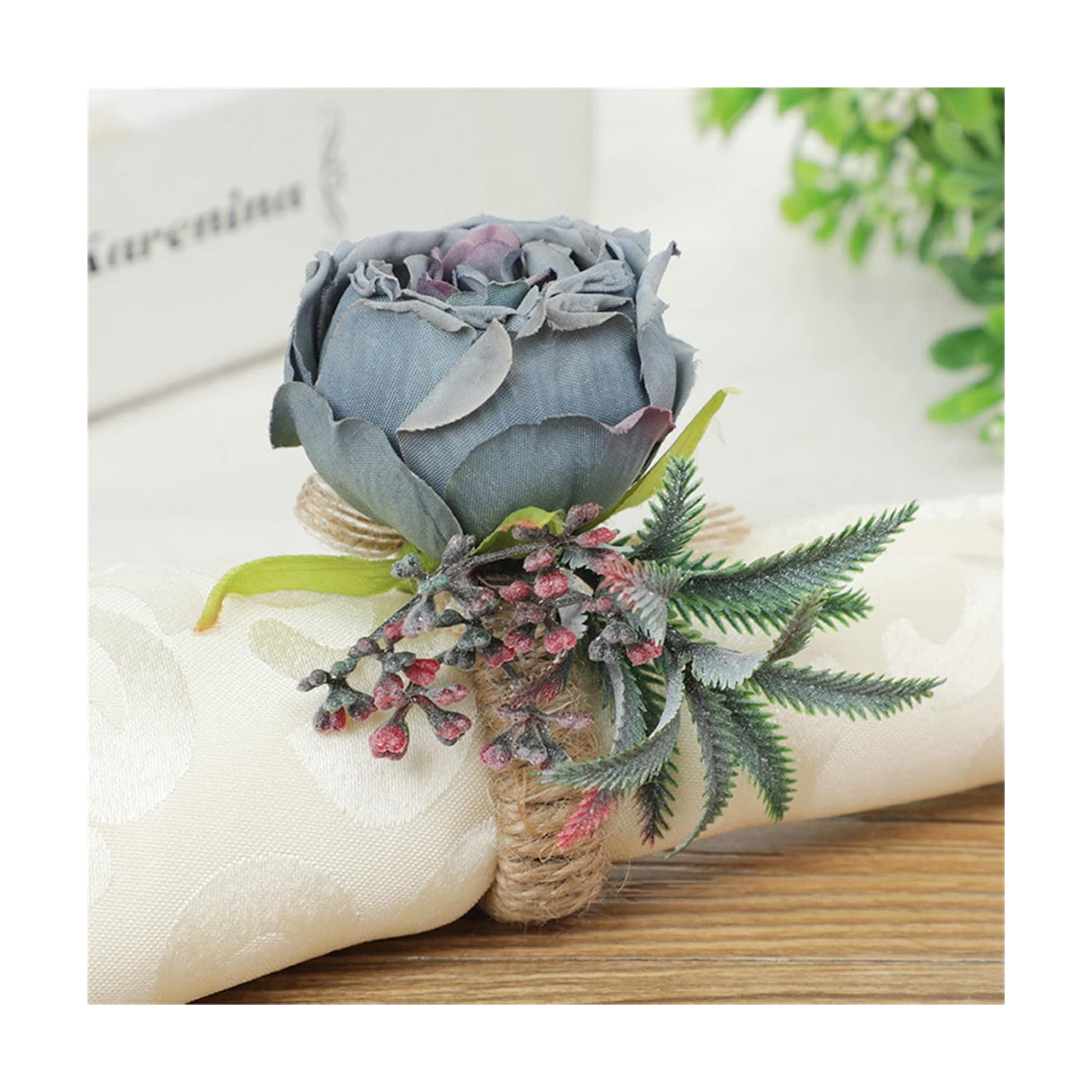 Floral Napkin Rings Set of 6,Rustic Rose Napkin Rings Flower Dinner Napkin Holder for Table Decoration (26#Blue)
