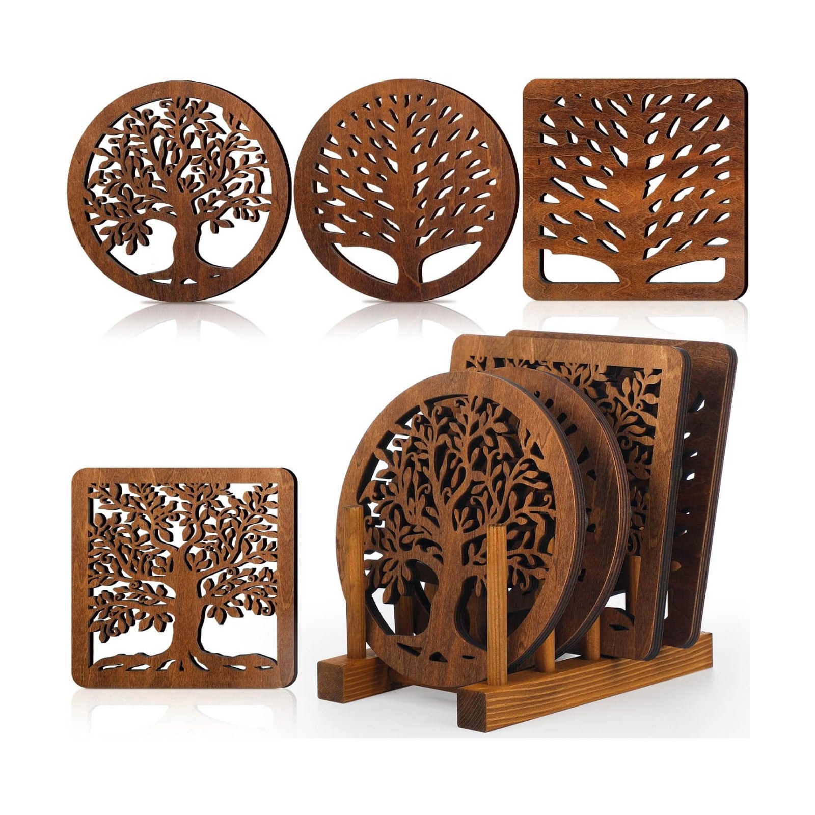 Beeveer 5 Pcs Life Tree Wooden Trivets with Storage Rack Hot Pads Trivets for Hot Dishes Pots and Pans Heat Resistant