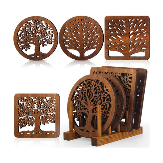 Beeveer 5 Pcs Life Tree Wooden Trivets with Storage Rack Hot Pads Trivets for Hot Dishes Pots and Pans Heat Resistant