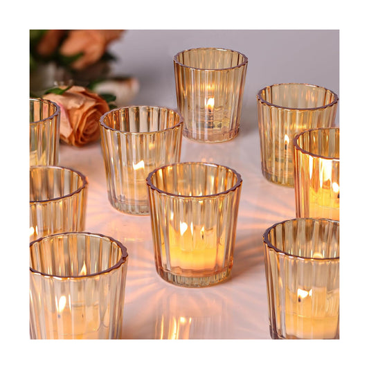 NITIME 24PCS Vintage Ribbed Gold Votive Candle Holders, Glass Candle Holder for Wedding Decorations, Tealight Candle Holder for Table Centerpiece, Diwali, Home and Party Decorations